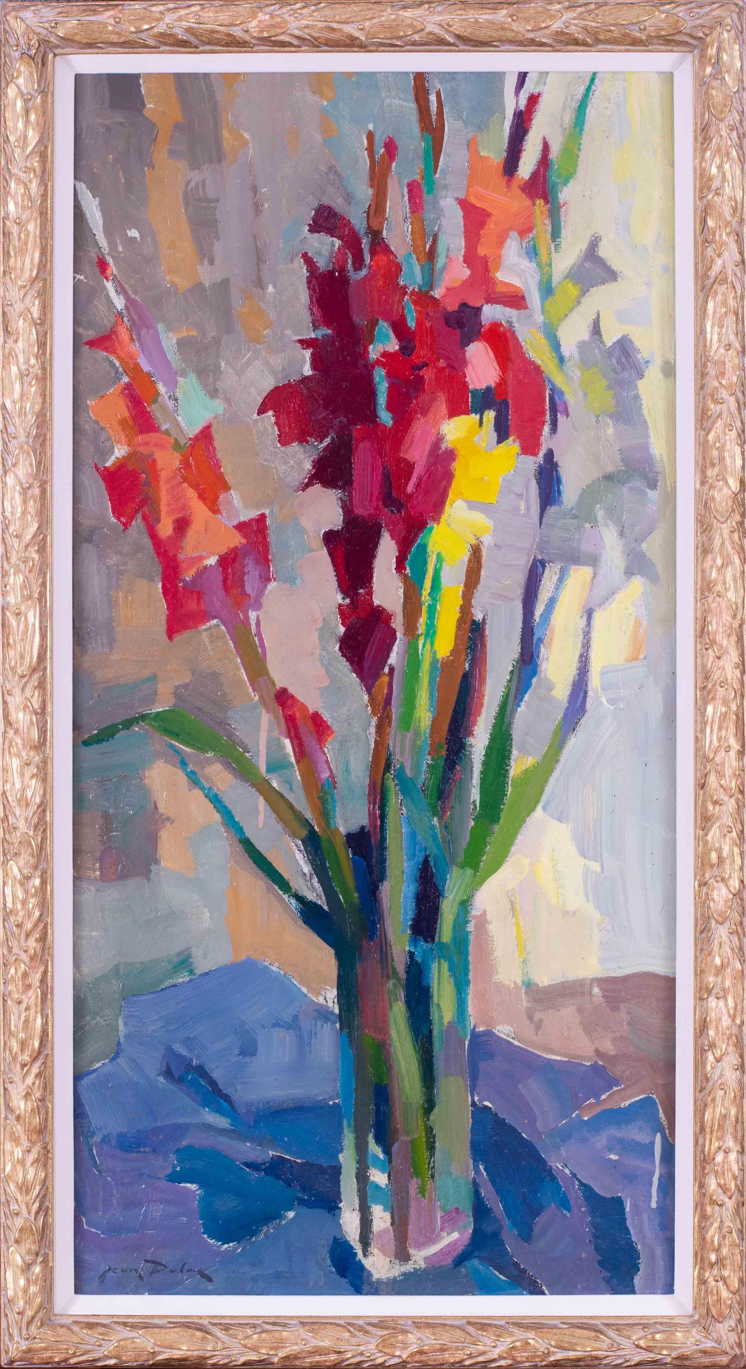 Post Impressionist vase of red and yellow gladioli by Jean Dulac