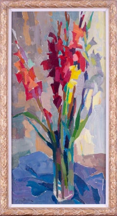 Vintage Post Impressionist vase of red and yellow gladioli by Jean Dulac