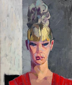 Espléndido cuadro al óleo postimpresionista francés de los años 50 Retrato de una elegante dama rubia