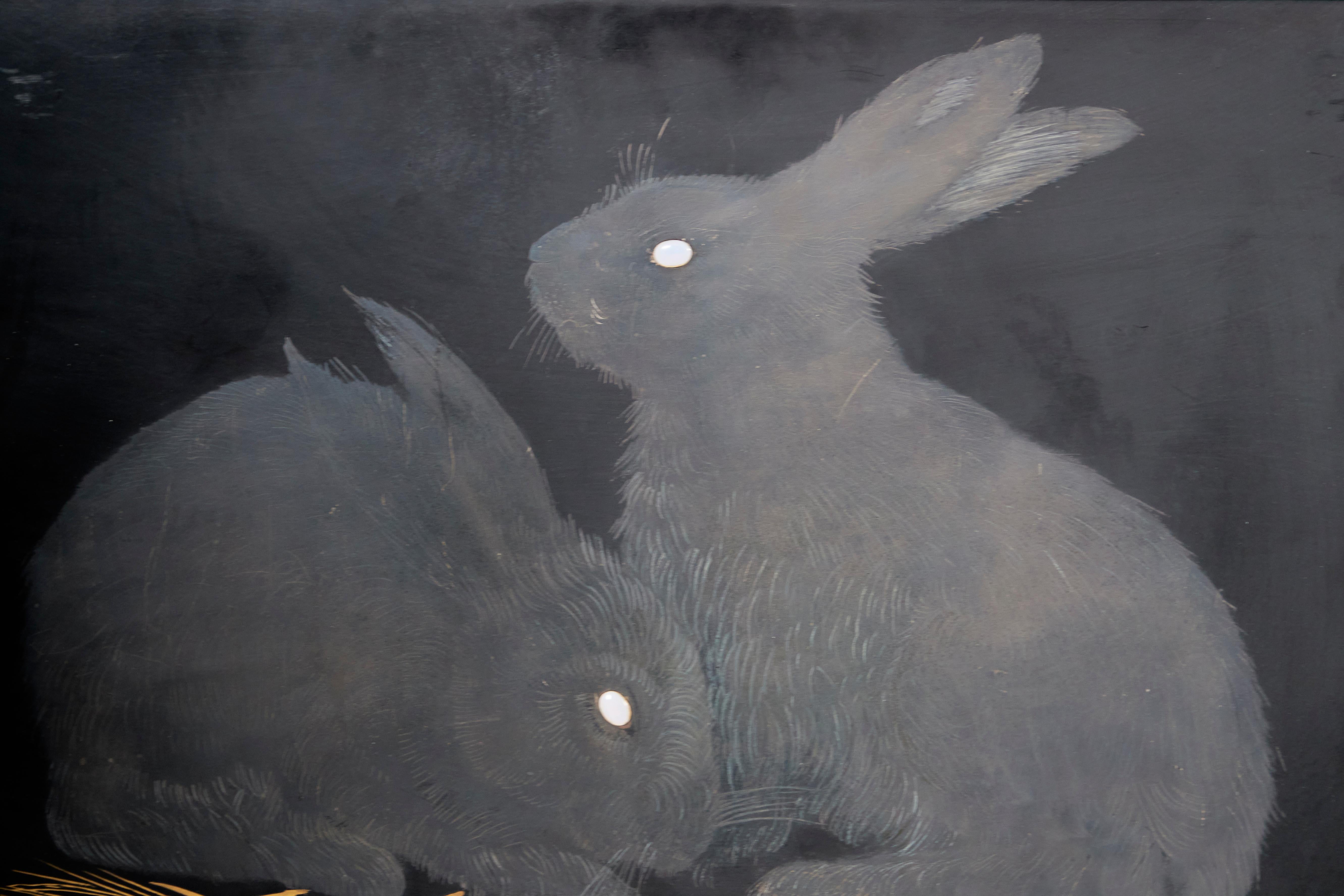 French Jean Dunand, Art Deco Lacquered Panel Depicting Rabbits, France, circa 1926