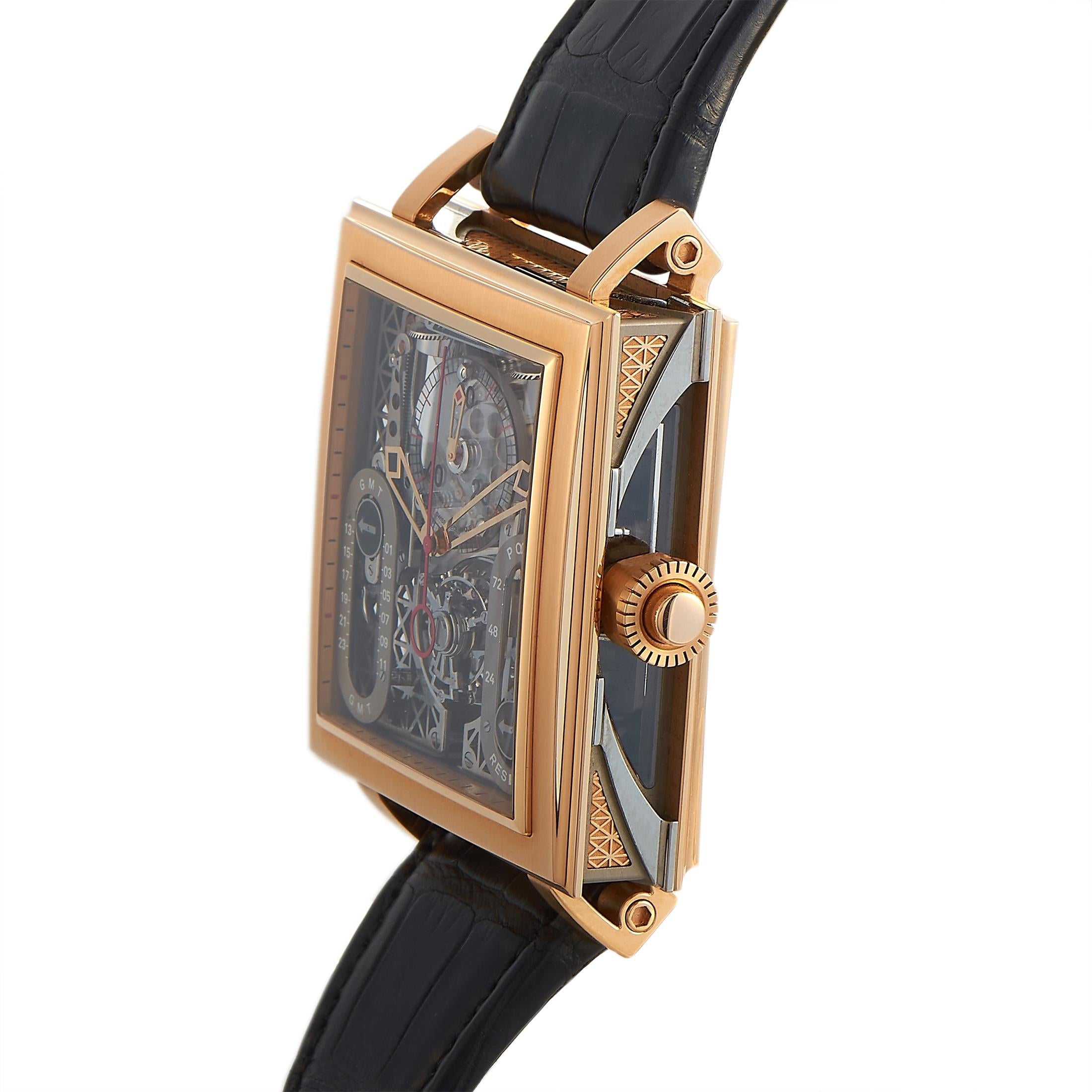 The Jean Dunand Palace 5100 Tourbillon GMT Square watch is a unique timepiece that boasts complex, elaborate design inspired by the modernist and luxurious Art Deco style.
 
 The watch is presented with a case made out of 18K rose gold and titanium