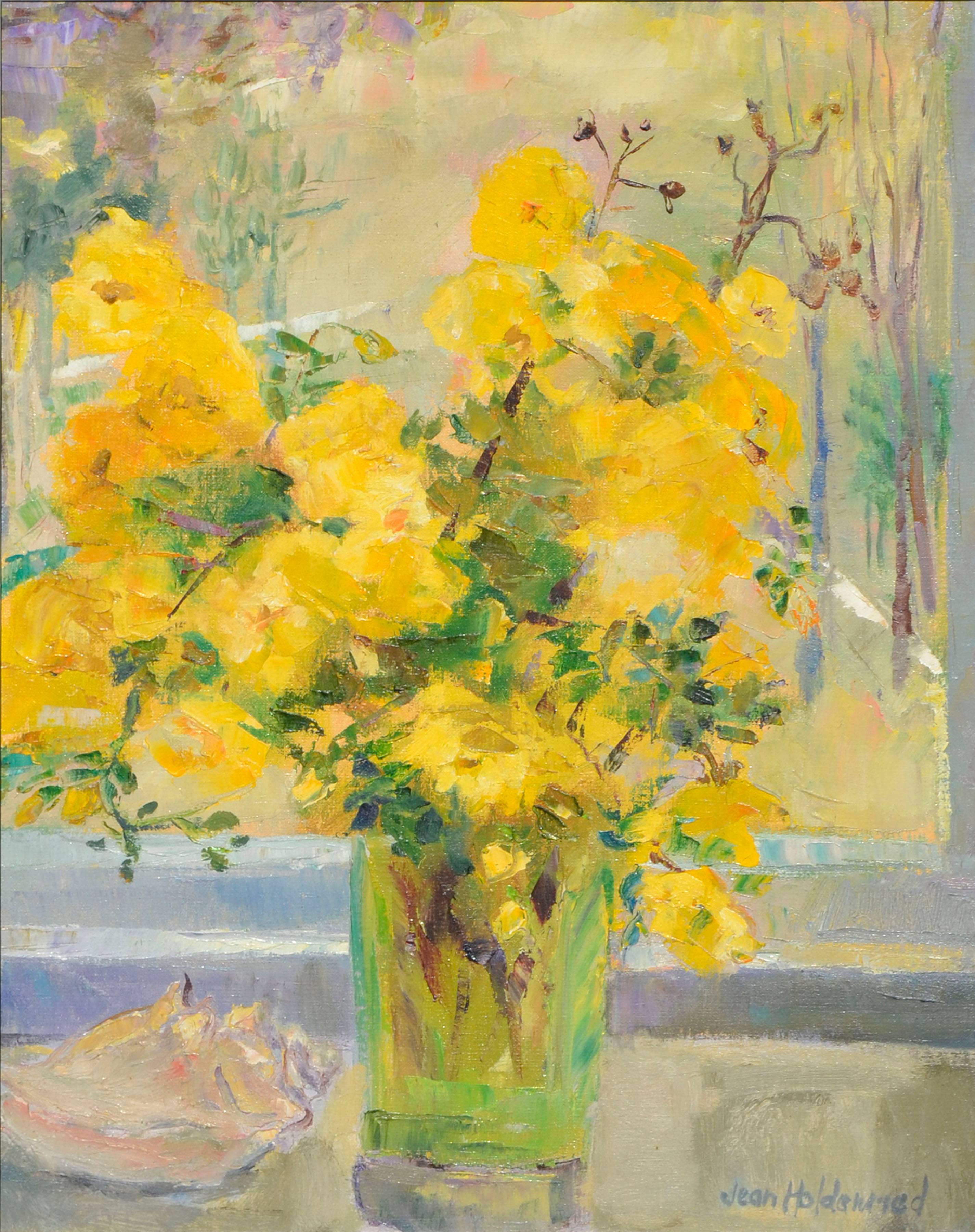 Yellow Roses - Mid Century Still Life  - Painting by Jean Dunblane Holdenried 