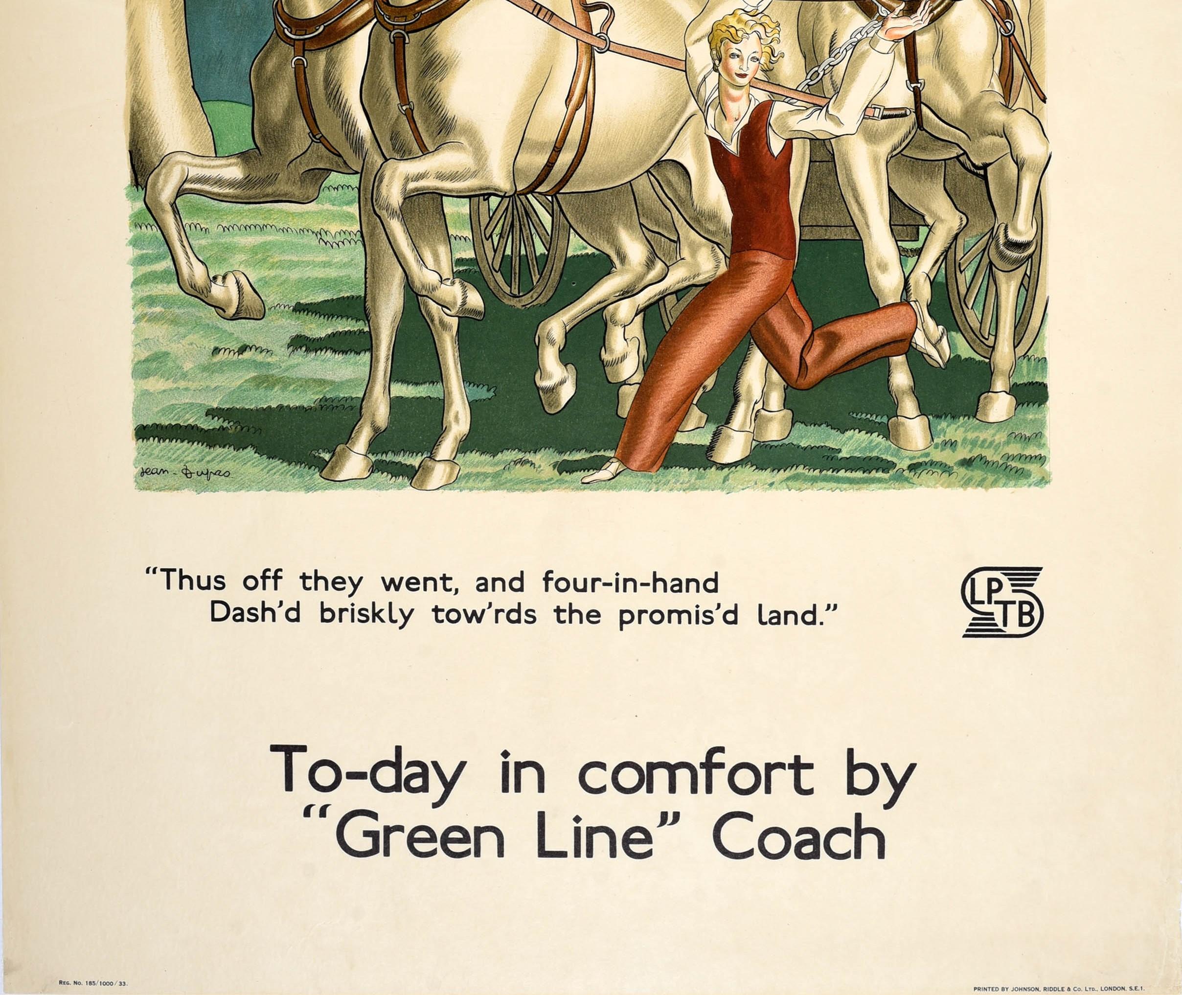 Original Vintage Londoner Transportplakat Green Line Coach, Reisepferd, Art déco, Art déco (Beige), Print, von Jean Dupas