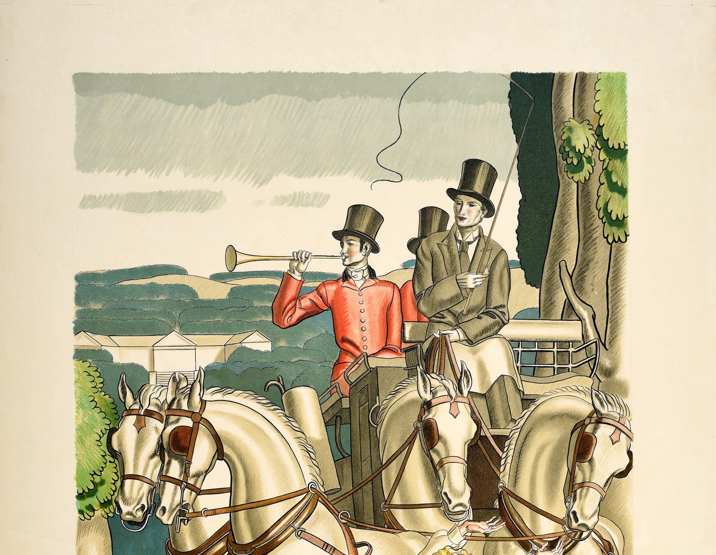 Originelles Plakat der Londoner Verkehrsbetriebe, das für Reisen mit dem Green Line Coach wirbt. Es zeigt ein atemberaubendes Kunstwerk des bekannten französischen Art-Déco-Designers Jean Dupas (1882-1964), das Männer in eleganten Anzügen und