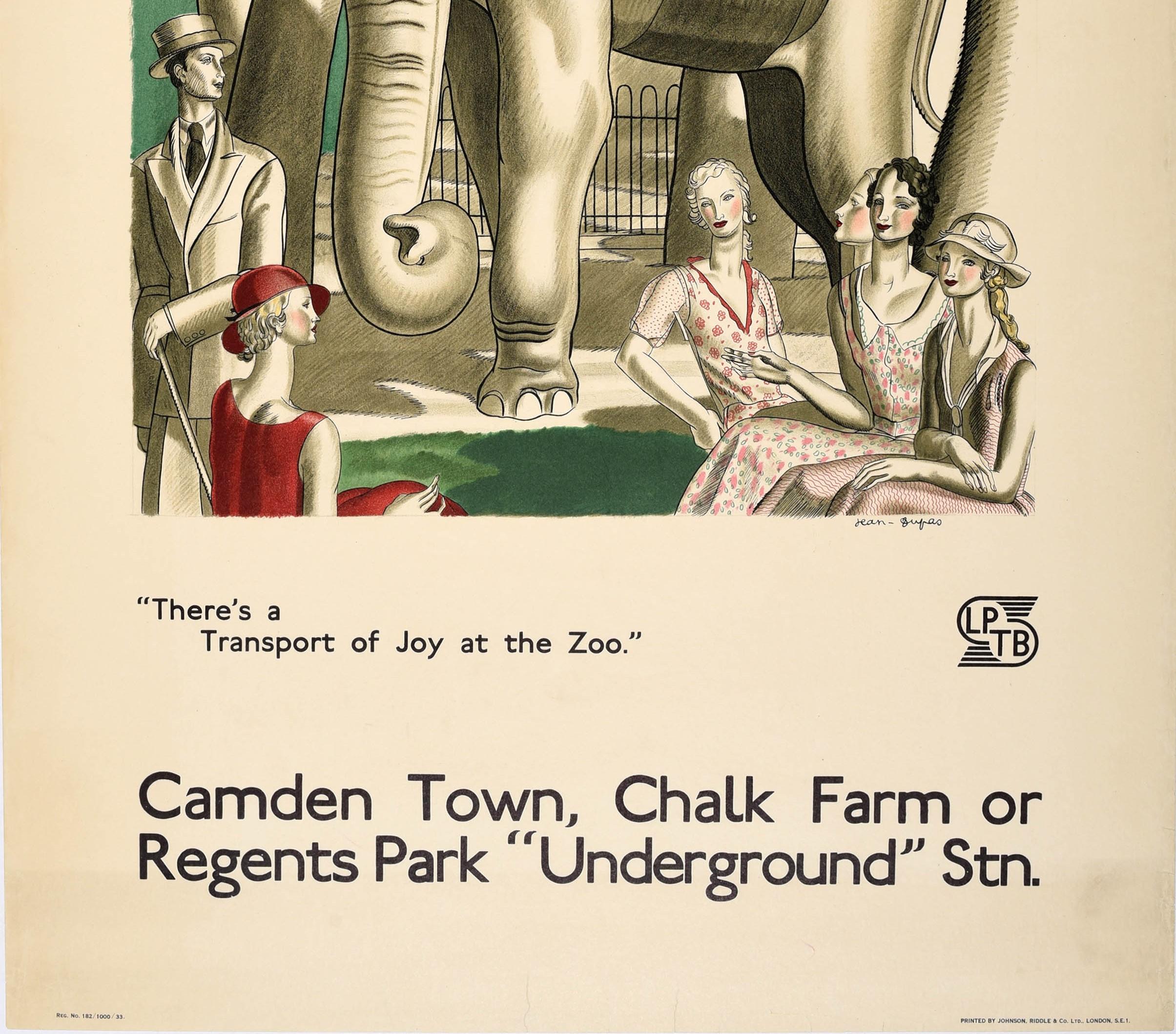 Original-Vintage-Poster Londoner U-Bahn-Poster „ Transport Of Joy At The Zoo“, Elefant (Art déco), Print, von Jean Dupas