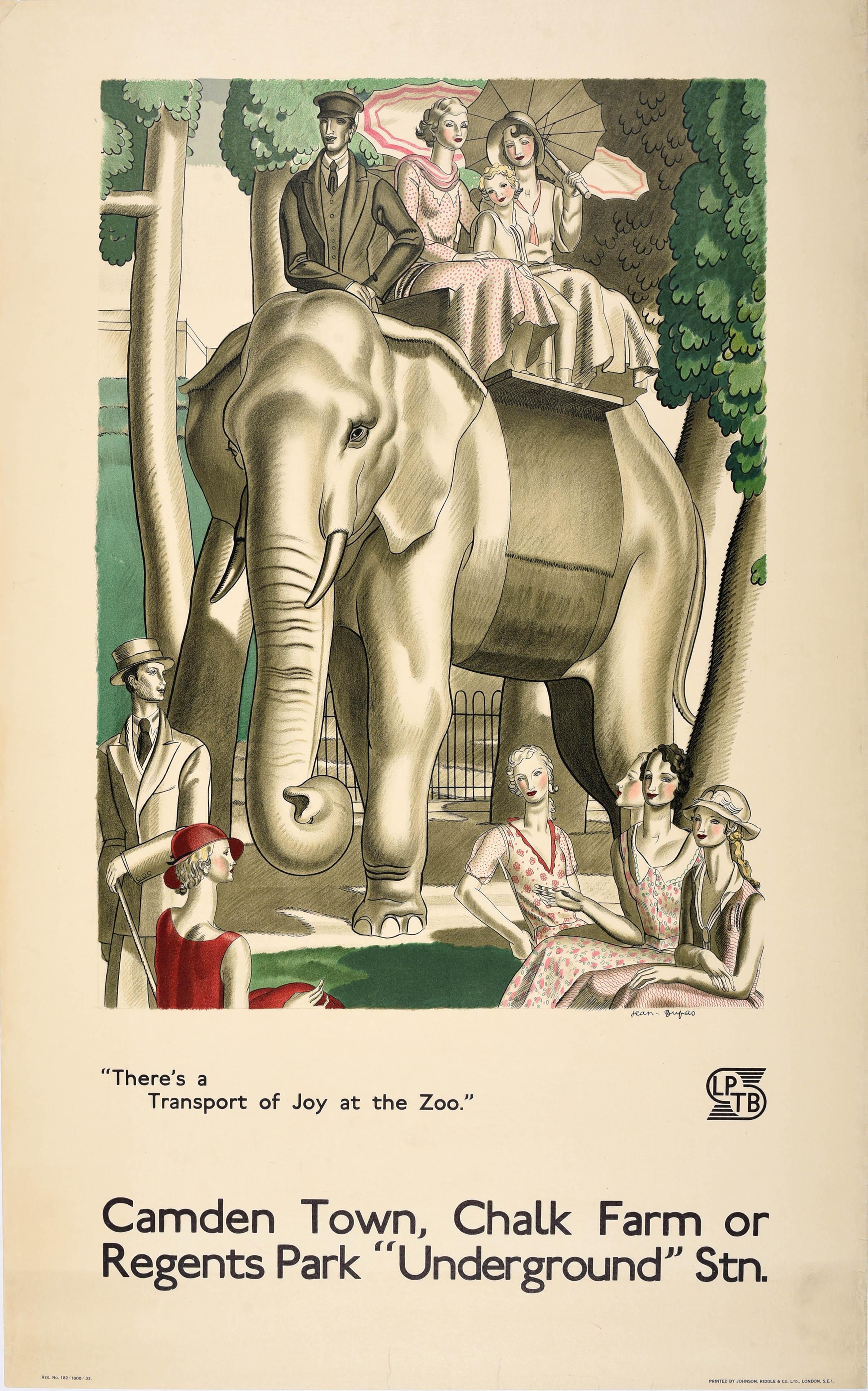 Jean Dupas Print – Original-Vintage-Poster Londoner U-Bahn-Poster „ Transport Of Joy At The Zoo“, Elefant