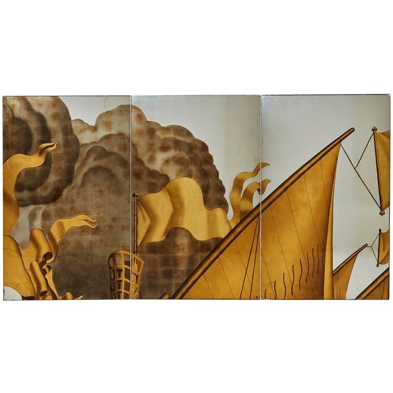 Jean Dupas, Verre Églomisé Triptych from the SS Normandie, France, circa 1934 For Sale