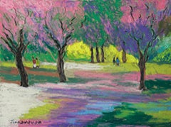 "Les promeneurs" - France, Brittany, Expressionist, pastel, trees, walk, spring