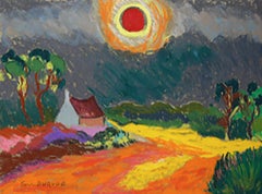 "Paysage sublime par le soleil" France, Brittany, Expressionist, pastel, red sun