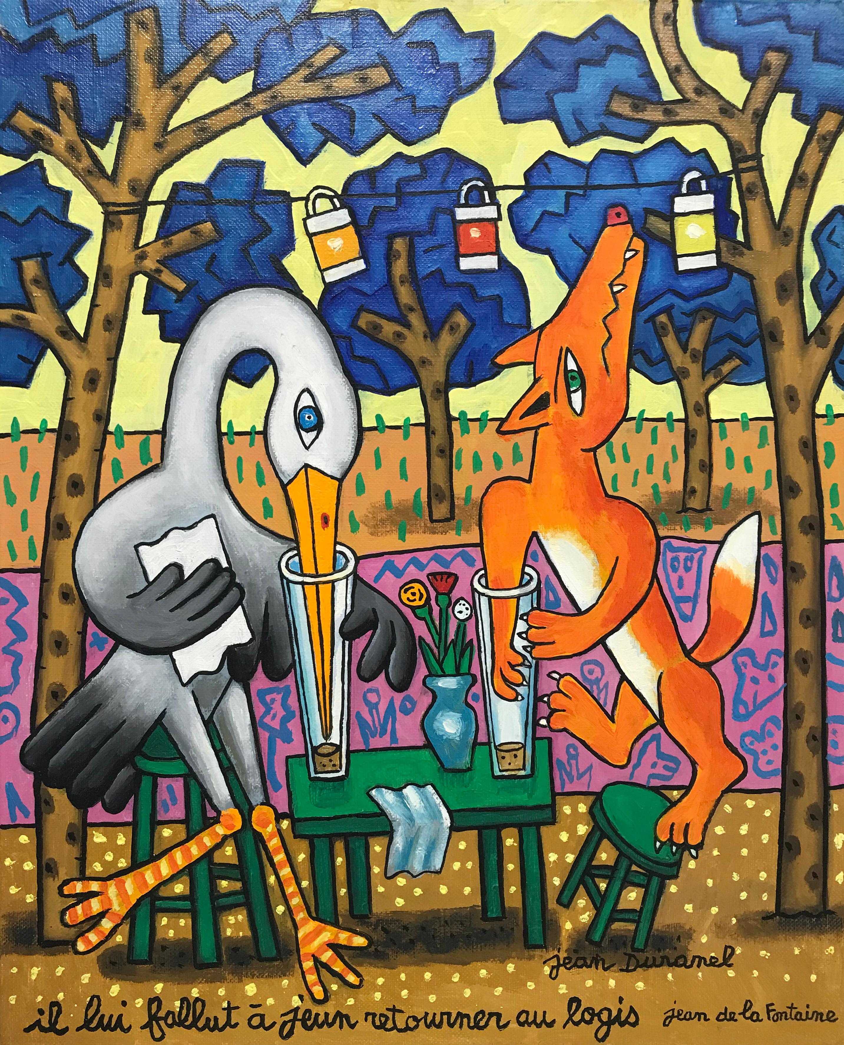 Figurative Painting Jean Duranel - La cigogne et le renard 
