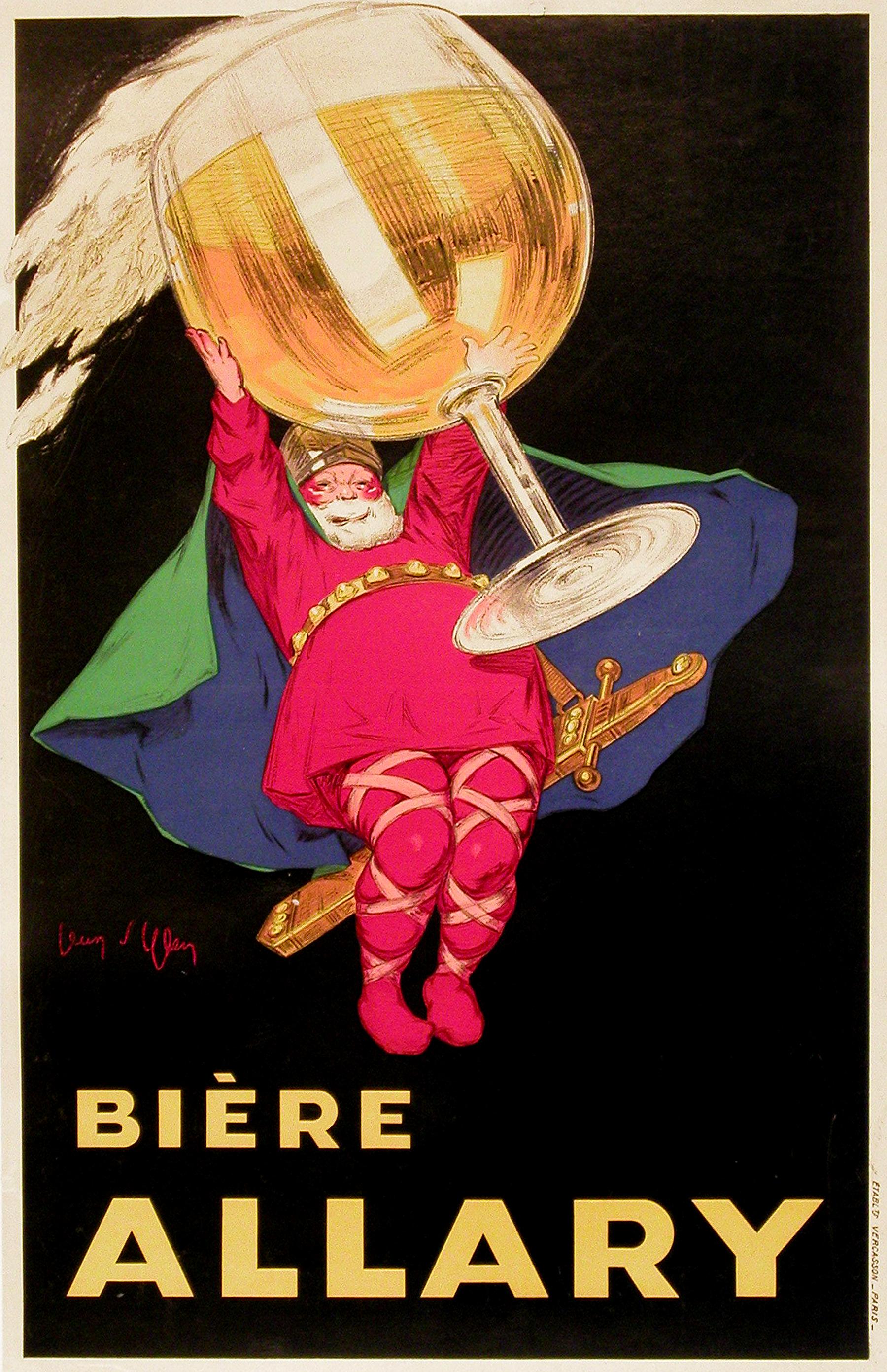 Cartone Poster Biere Allary originale d'epoca di Jean d'Ylen c1925 Birra