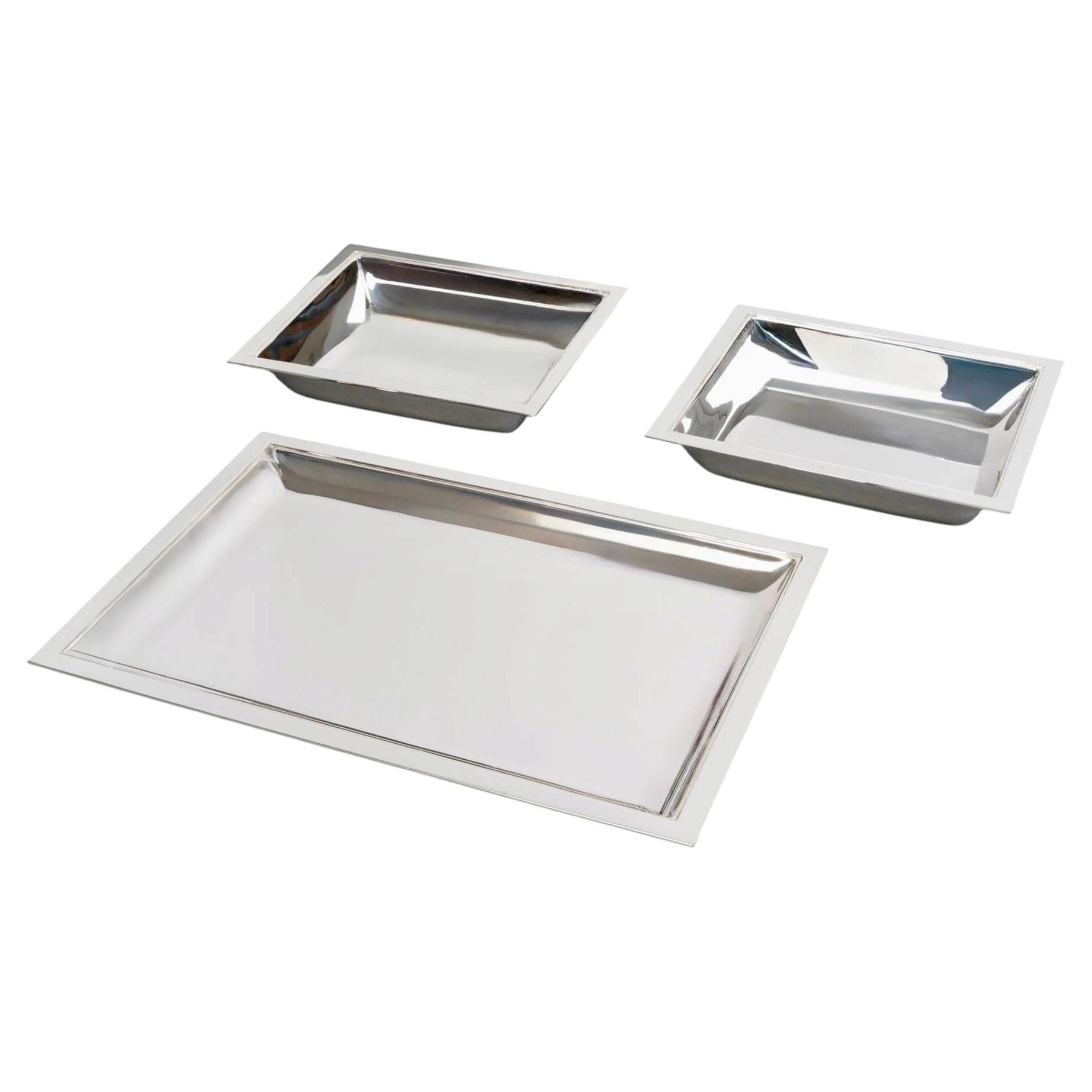Jean E. Puiforcat - Art Deco 3 Plates Serving Pieces Solid Silver Serving For Sale