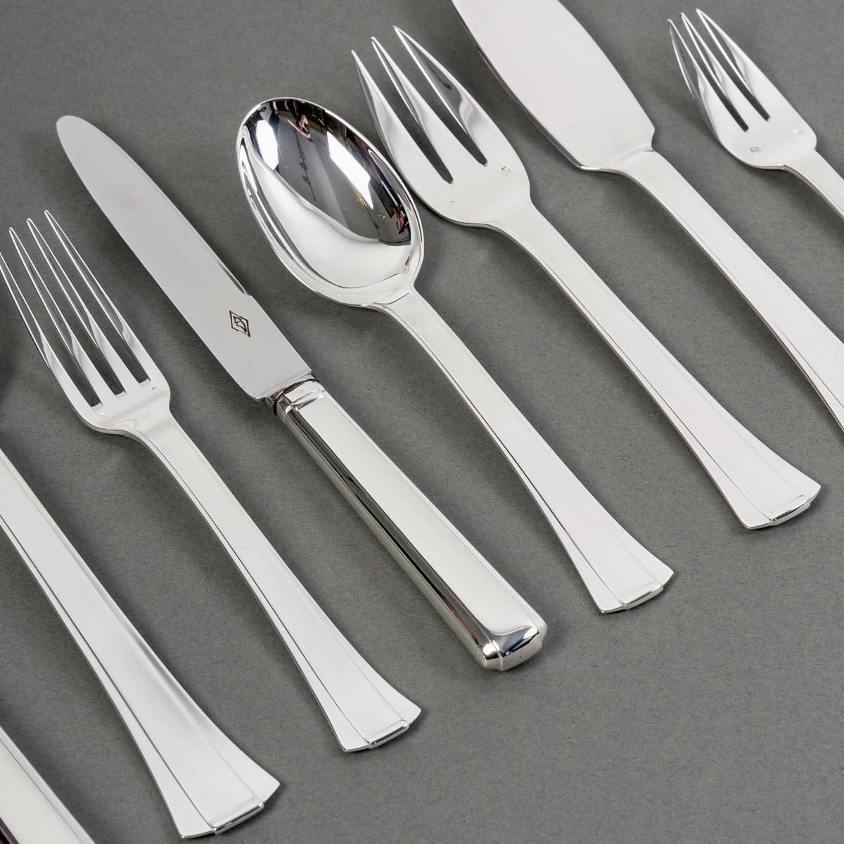 French Jean E. Puiforcat Art Deco Cutlery Flatware Set Dinard Sterling Silver 147 Pces
