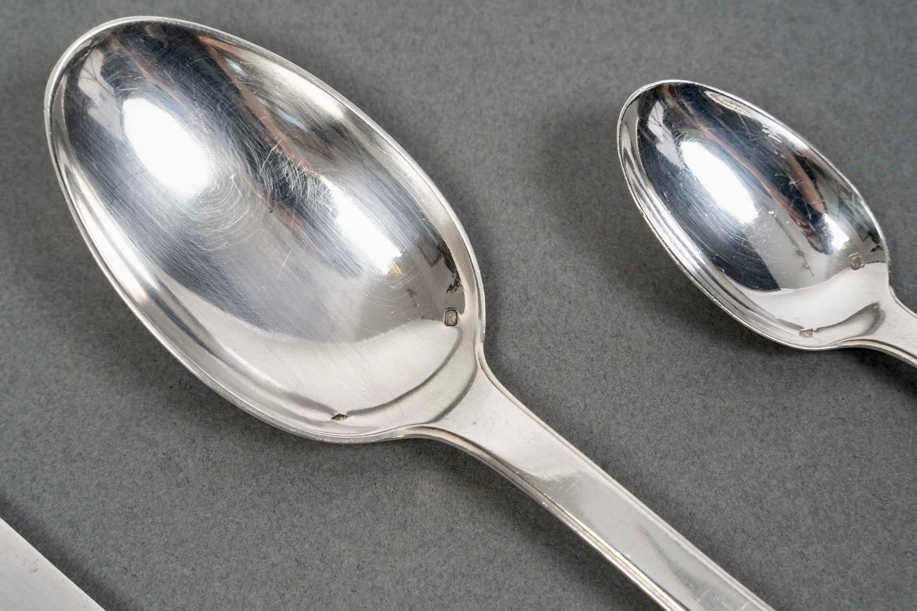 Jean E. Puiforcat Art Deco Besteck Set Menton Sterling Silber 48 Pieces im Zustand „Gut“ im Angebot in Boulogne Billancourt, FR