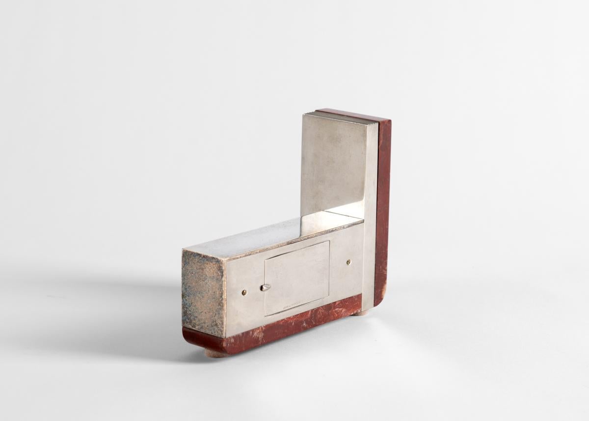 French Jean E. Puiforcat, Art Deco Desk Clock, Marble & Nickel Plate, France, c. 1930