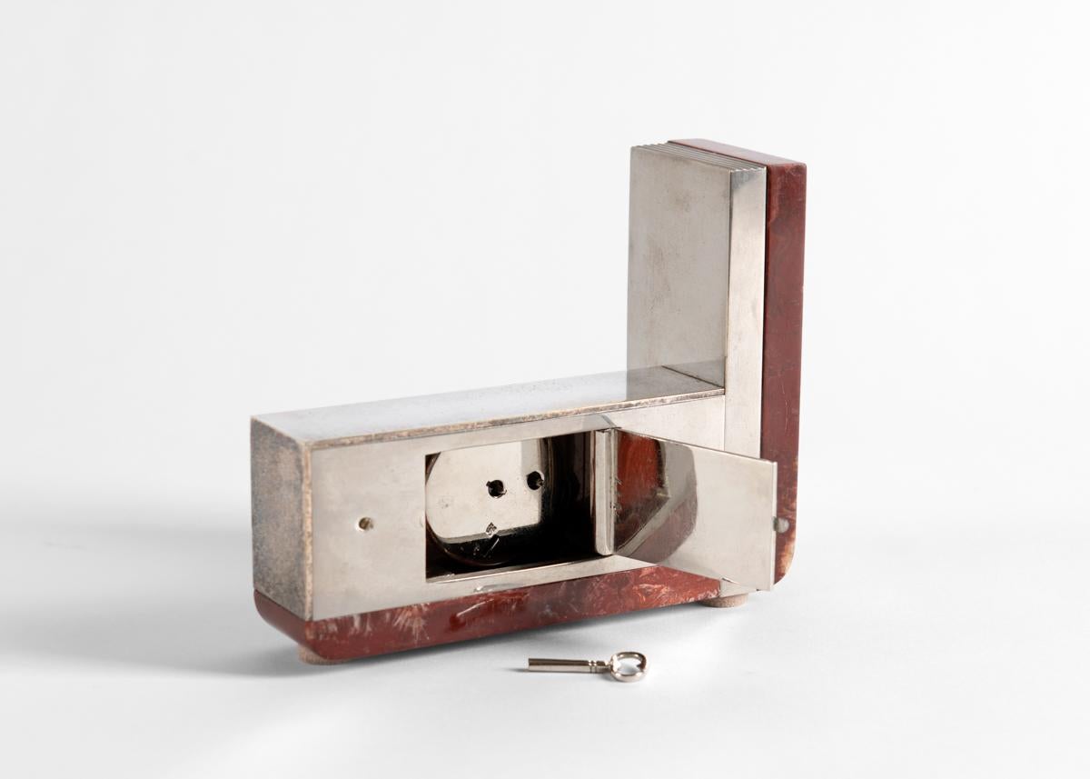 Plated Jean E. Puiforcat, Art Deco Desk Clock, Marble & Nickel Plate, France, c. 1930