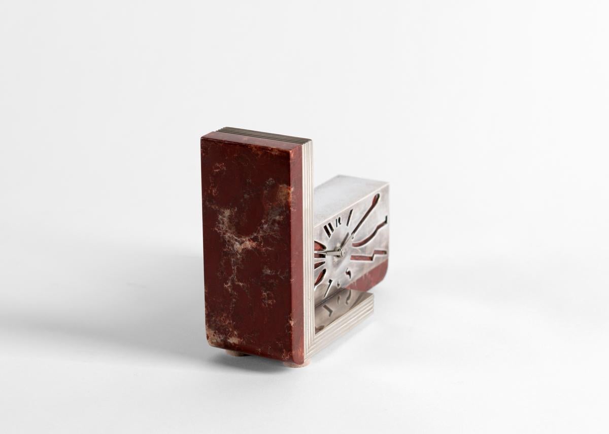 Jean E. Puiforcat, Art Deco Desk Clock, Marble & Nickel Plate, France, c. 1930 In Good Condition In New York, NY