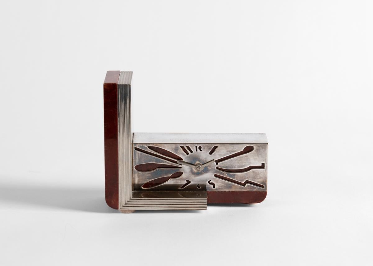 Mid-20th Century Jean E. Puiforcat, Art Deco Desk Clock, Marble & Nickel Plate, France, c. 1930