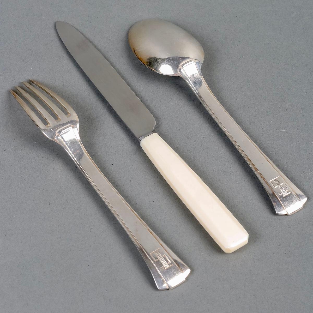 Jean E Puiforcat Cutlery Flatware Set Art Deco Papyrus Sterling Silver 80 Pieces 1