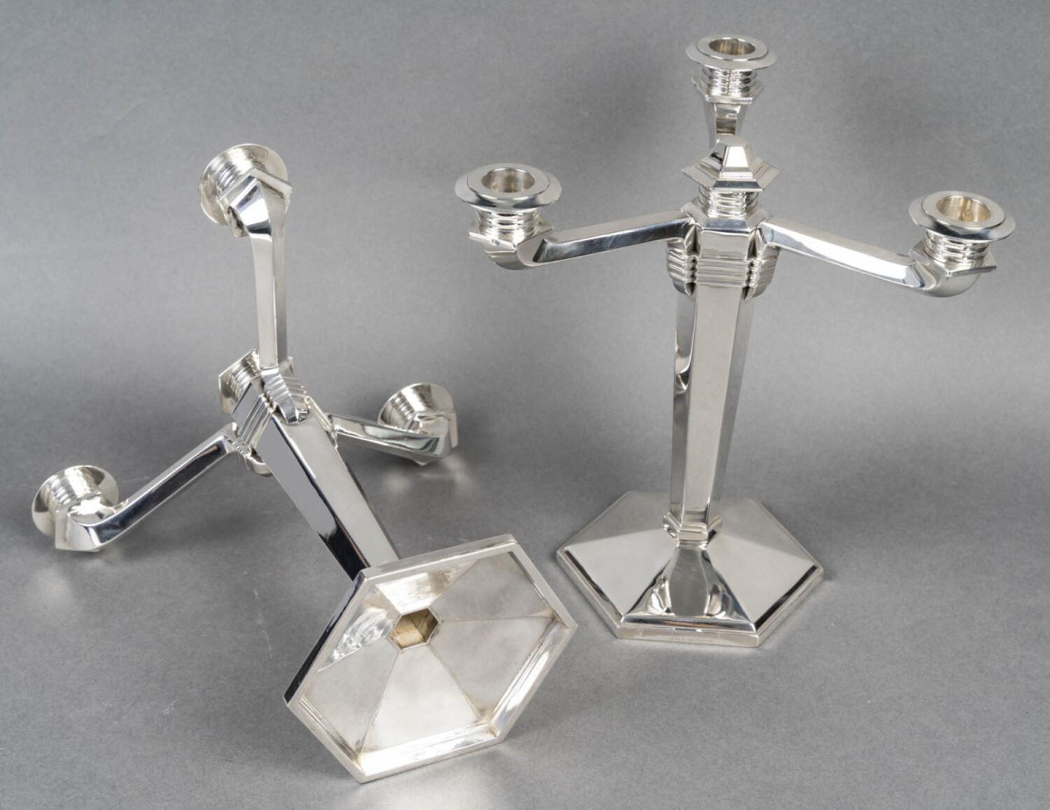 JEAN E. PUIFORCAT - Coppia di candelabri in argento massiccio periodo ARTDECO circa 1930 in vendita 9