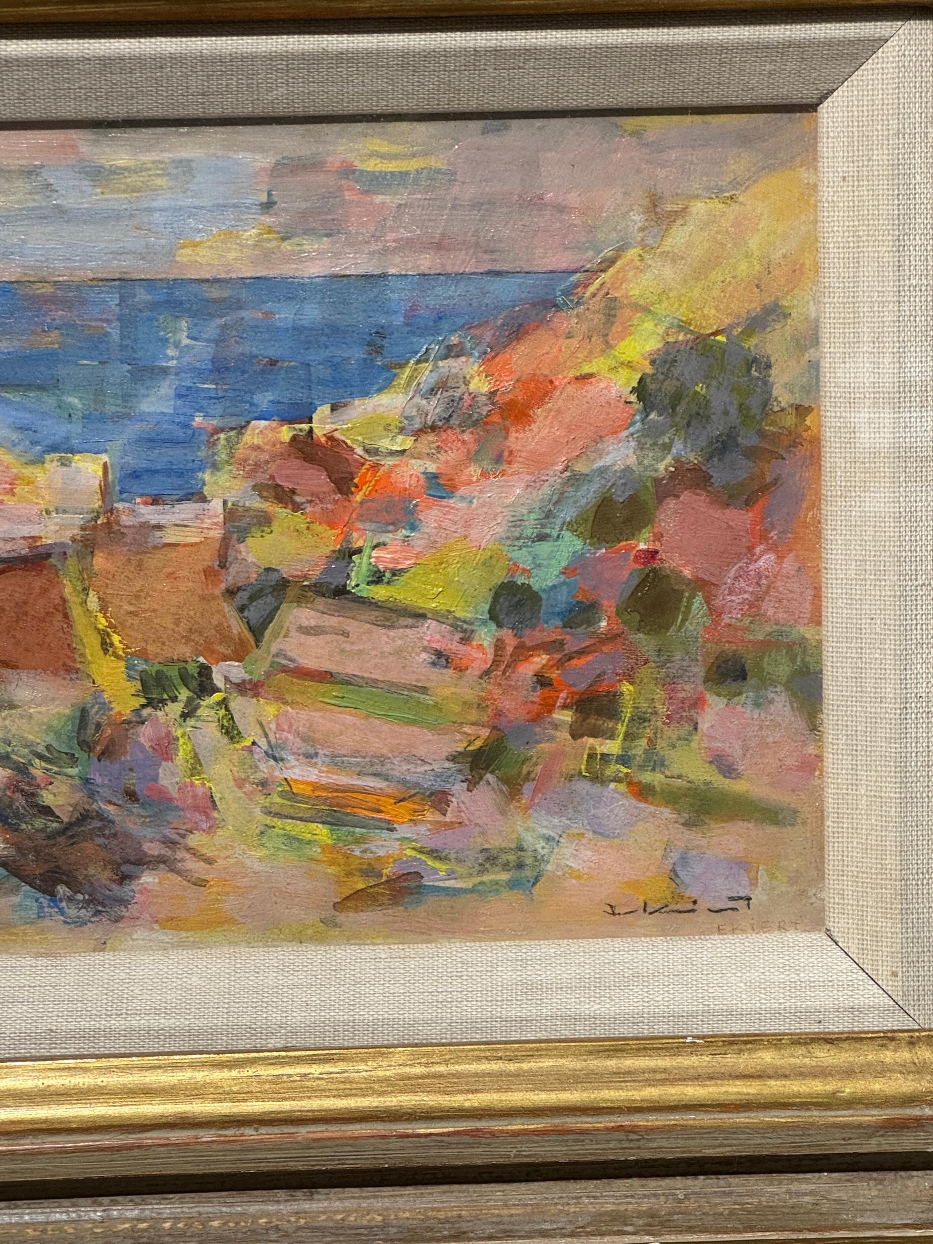 Jean Ekert (Französisch, 20. Jahrhundert)
Küstenlandschaft, um 1960
Öl auf Karton, rechts unten signiert

Diese lebhafte Küstenansicht von Jean Ekert fängt die Wärme und Energie des Mittelmeers in einer kühnen impressionistischen Farbpalette ein.