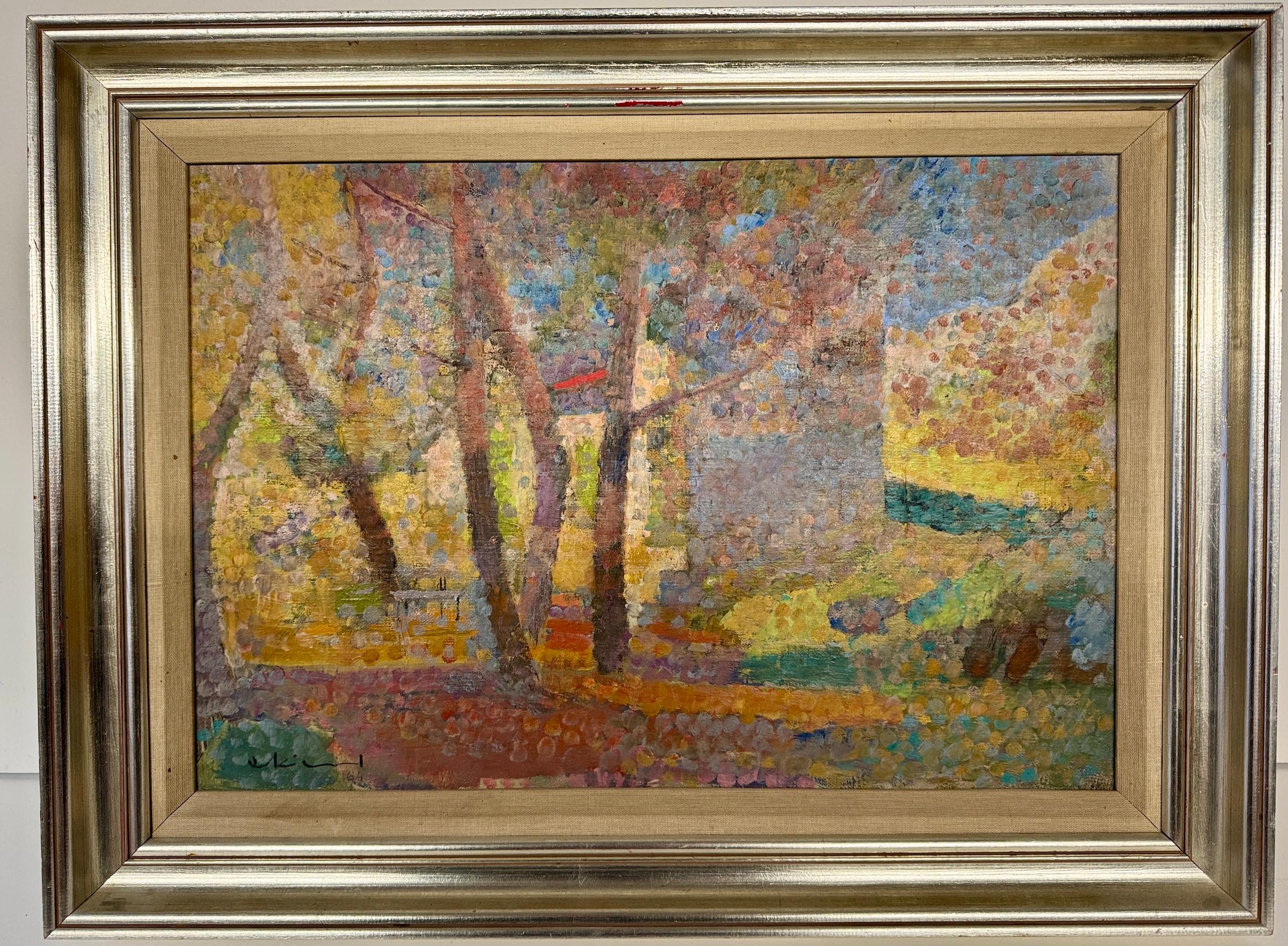 Jean Ekiert Landscape Painting - French Pointillist style oil on canvas, trees and buildings in a landscape