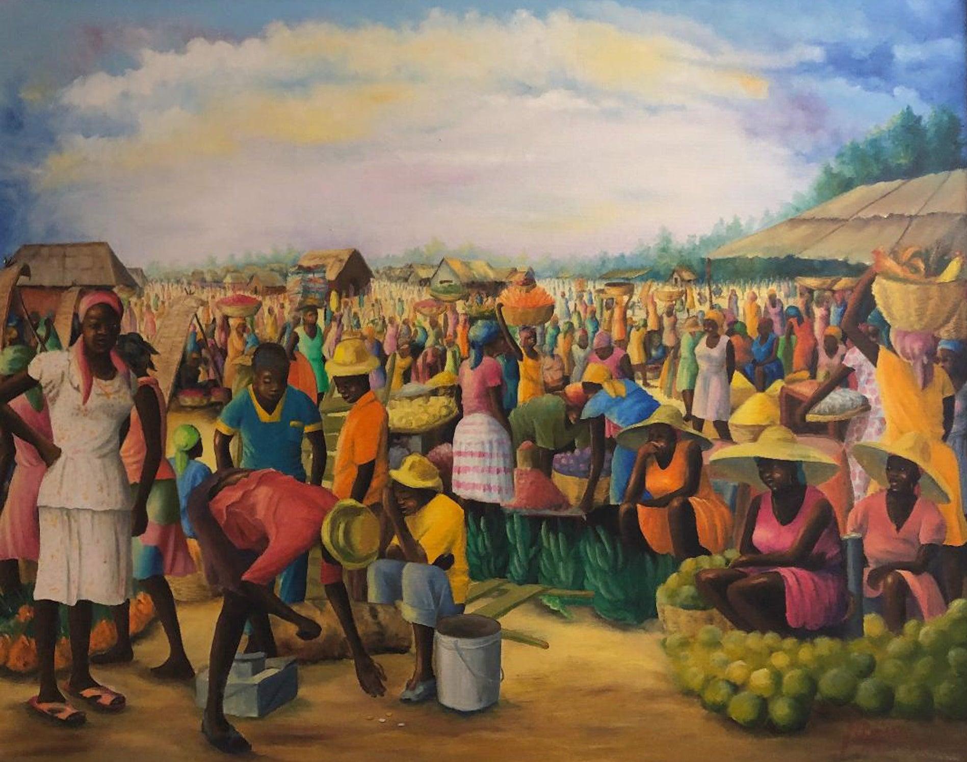 Market Scene- Original Haitian Contemporary Oil Painting On Canvas - Art by Jean-Elie Brisson