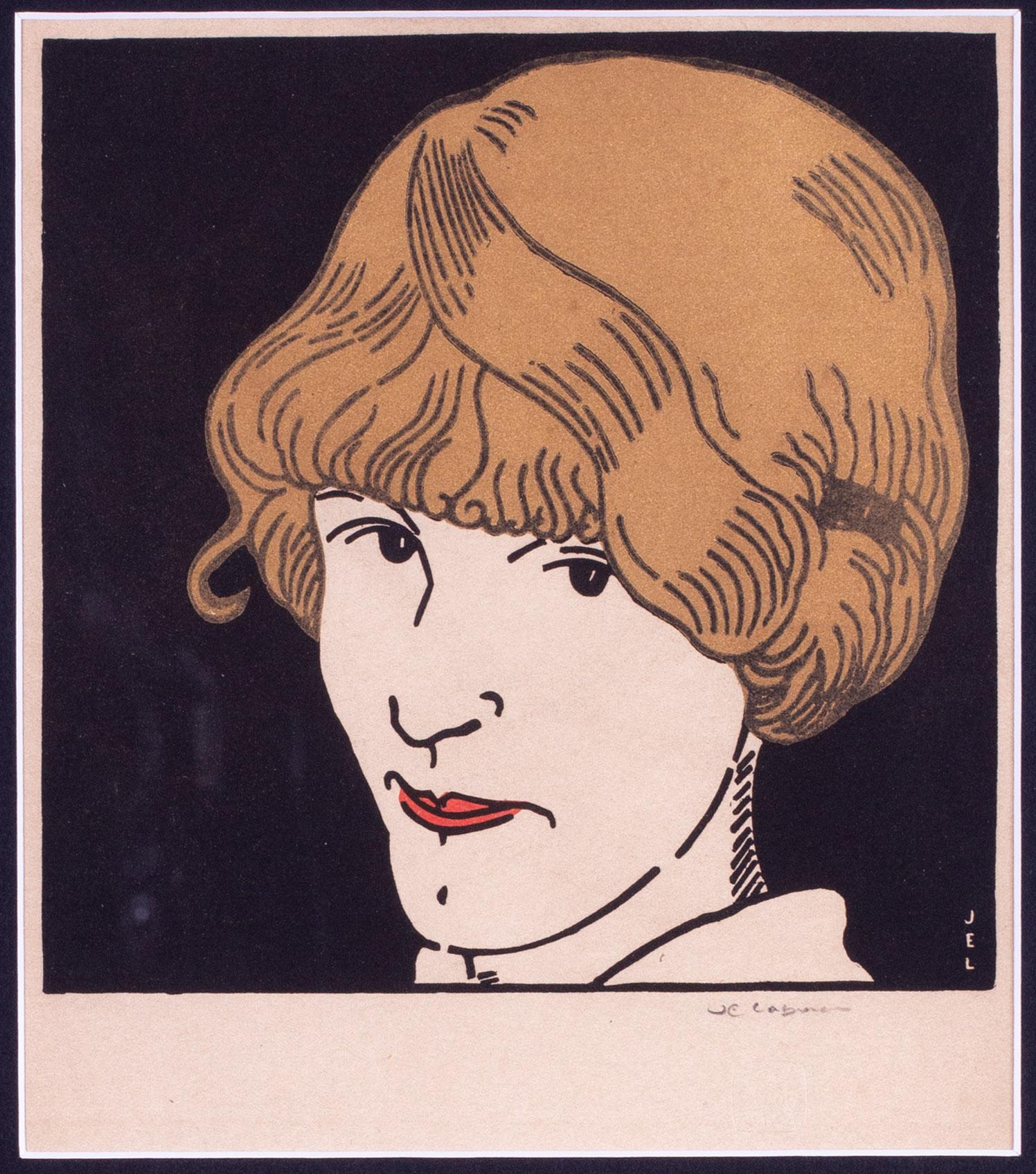 Französischer Holzschnitt des frühen 20. Jahrhunderts von Jean Emile Laboureur, goldene Haarmaske im Angebot 1
