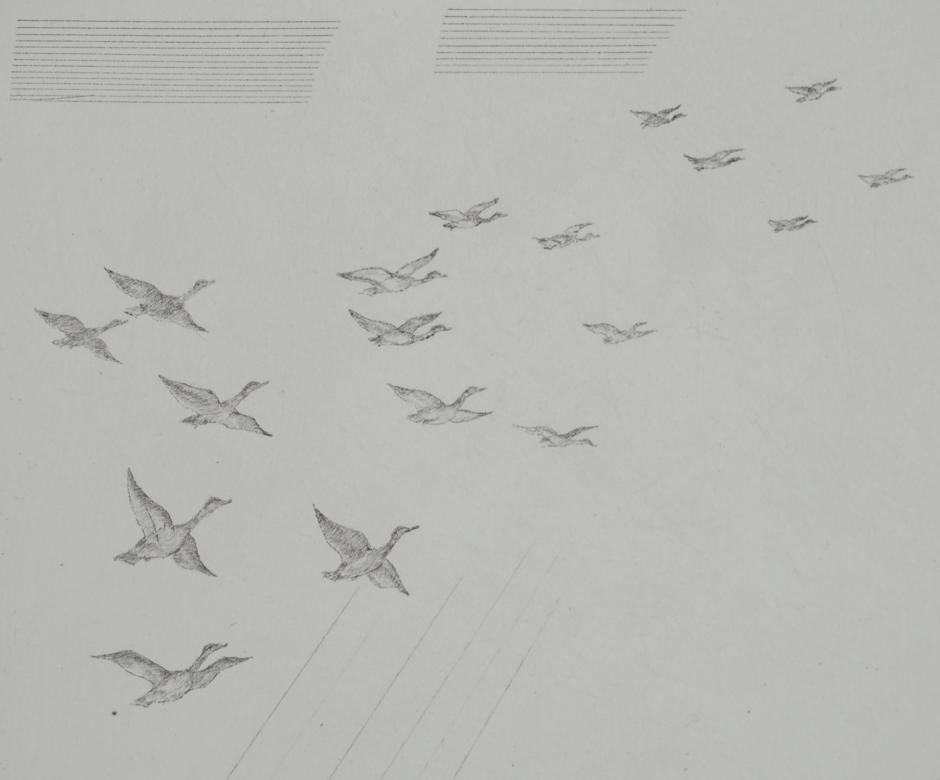 Bretaña : El vuelo de los patos - Aguafuerte del Museo del Louvre - Portrait Print Gris de Jean-Emile Laboureur