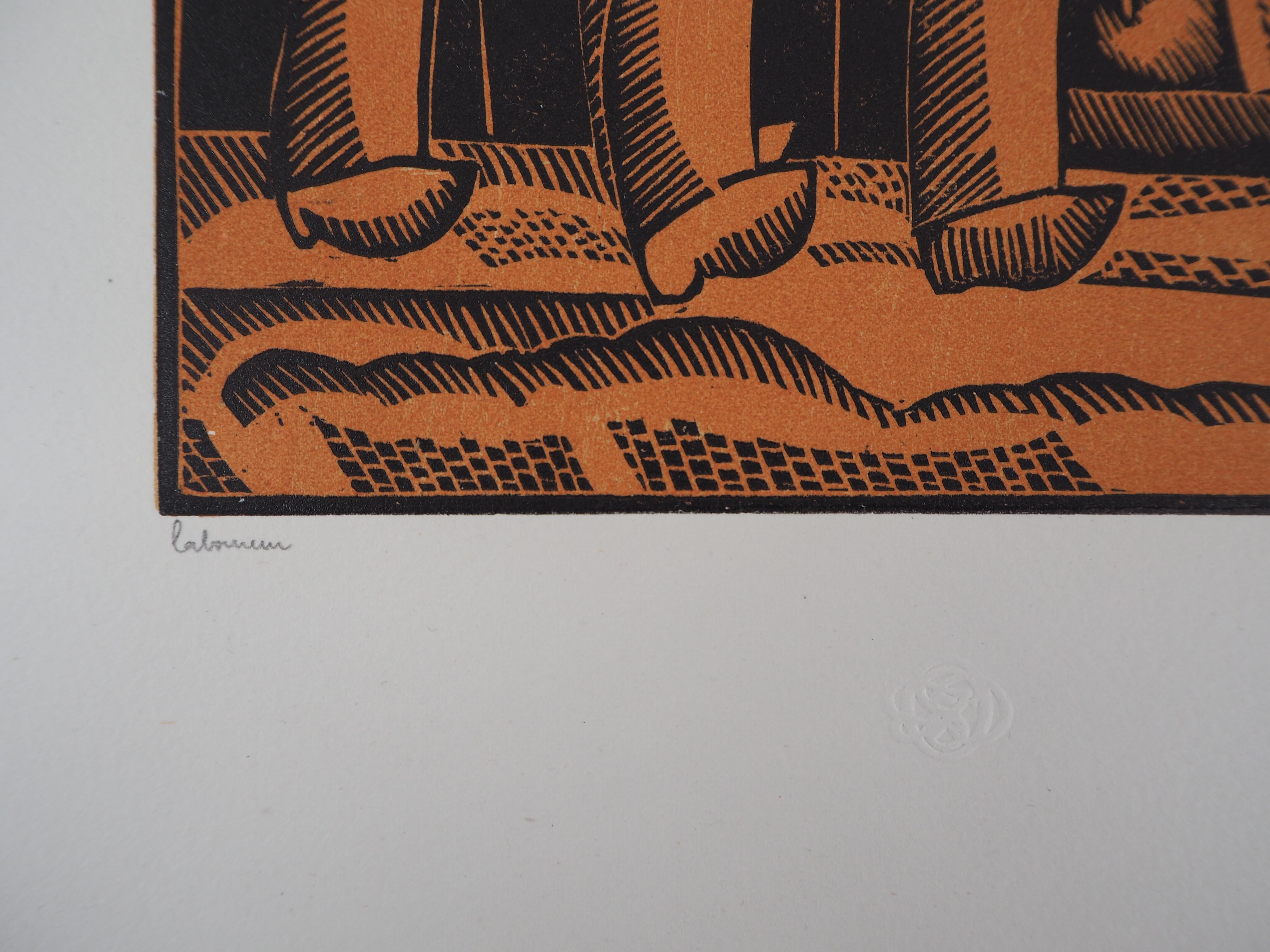 Cafe des Allies - Original woodcut, Handsigned and Numbered /105 - Ref #L725 - Brown Figurative Print by Jean-Emile Laboureur