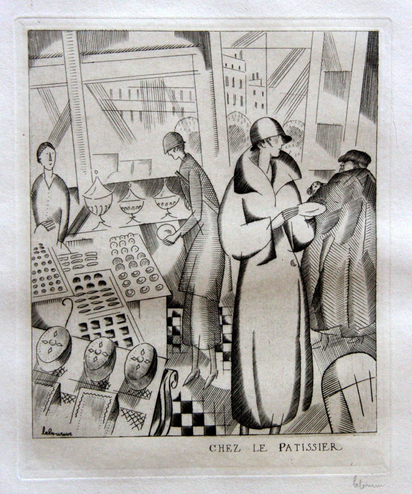 Jean-Emile Laboureur Interior Print – Chez Le Patissier – Original-Radierung von J.E. Laboureur – 1924