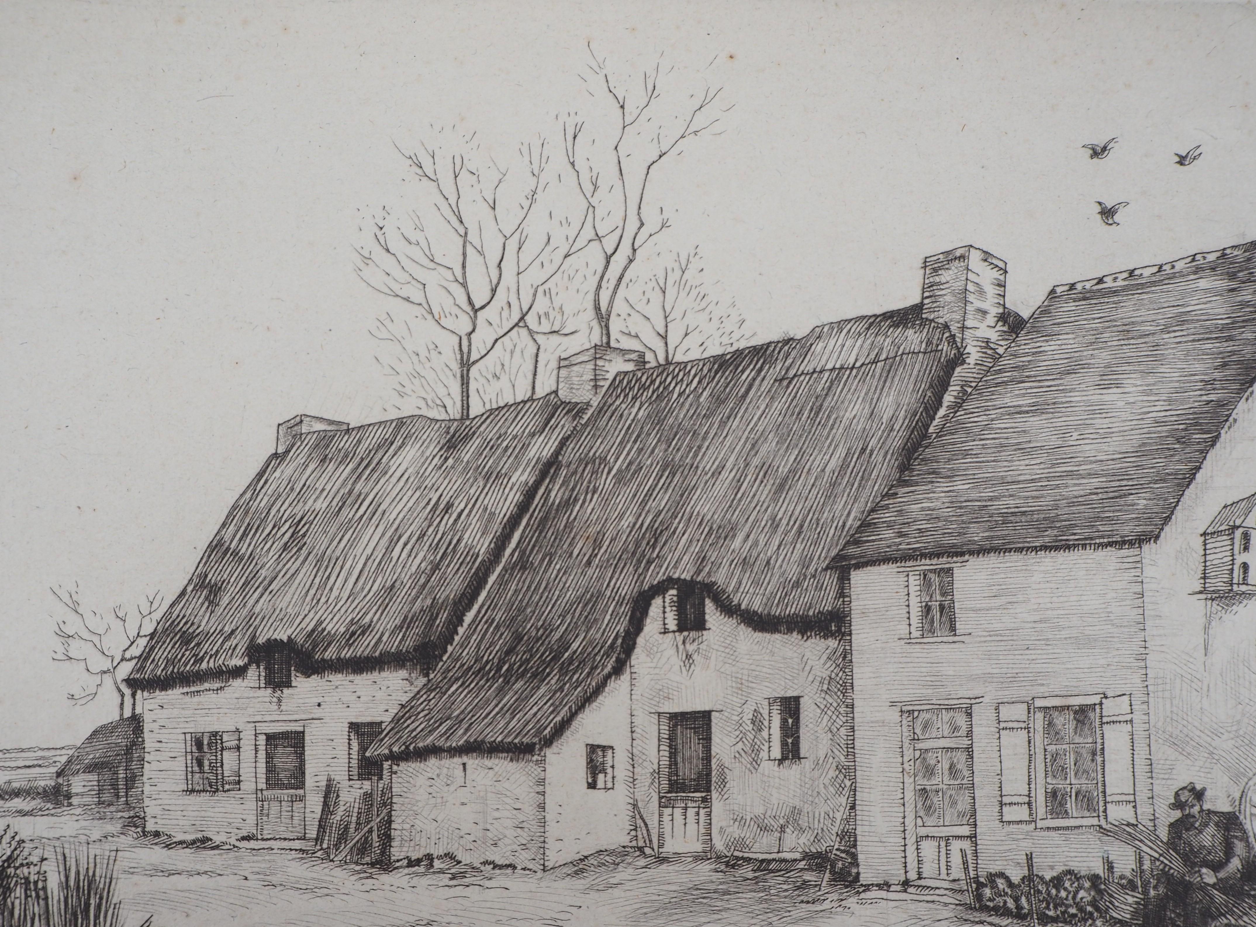 Houses in Brittany - Original Etching, Handsigned - Gray Landscape Print by Jean-Emile Laboureur