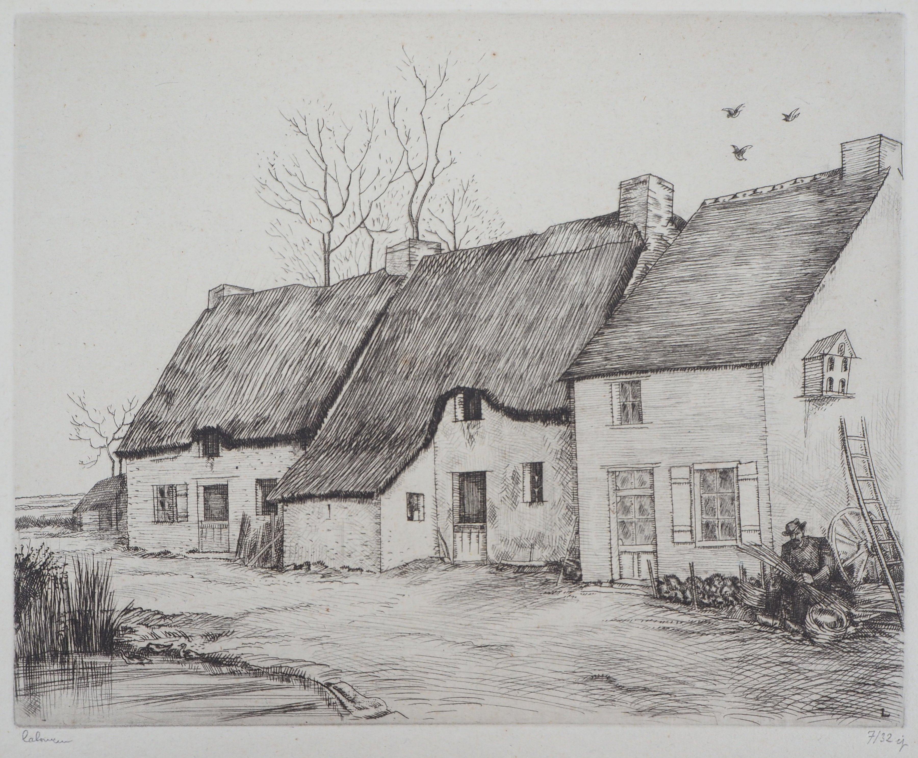 Jean-Emile Laboureur Landscape Print - Houses in Brittany - Original Etching, Handsigned