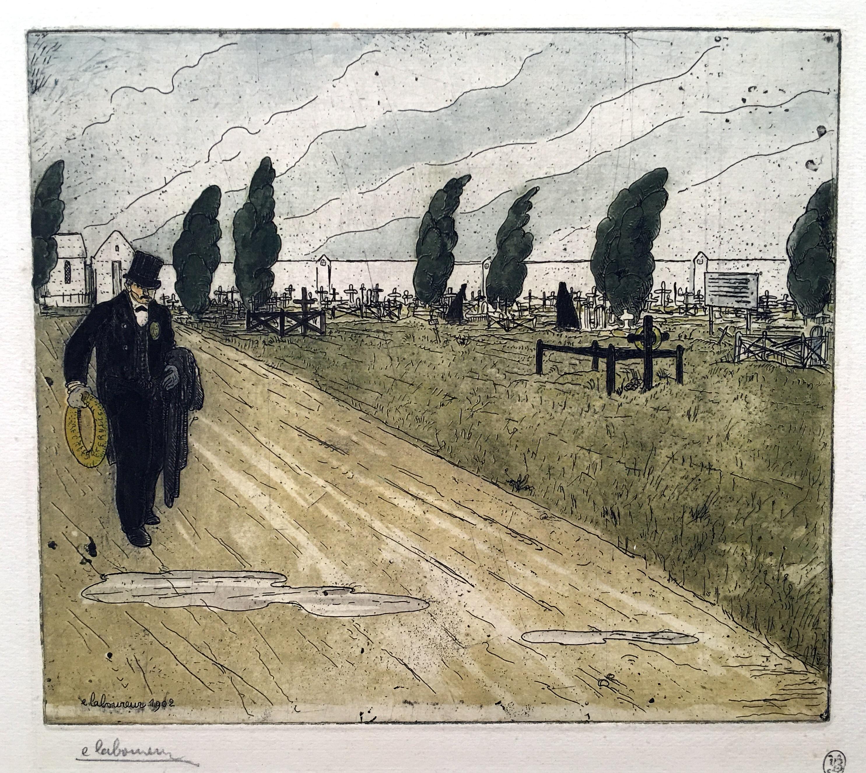 Jean-Emile Laboureur Landscape Print -  L’Employe des Pompes Funebres (The Mortician)