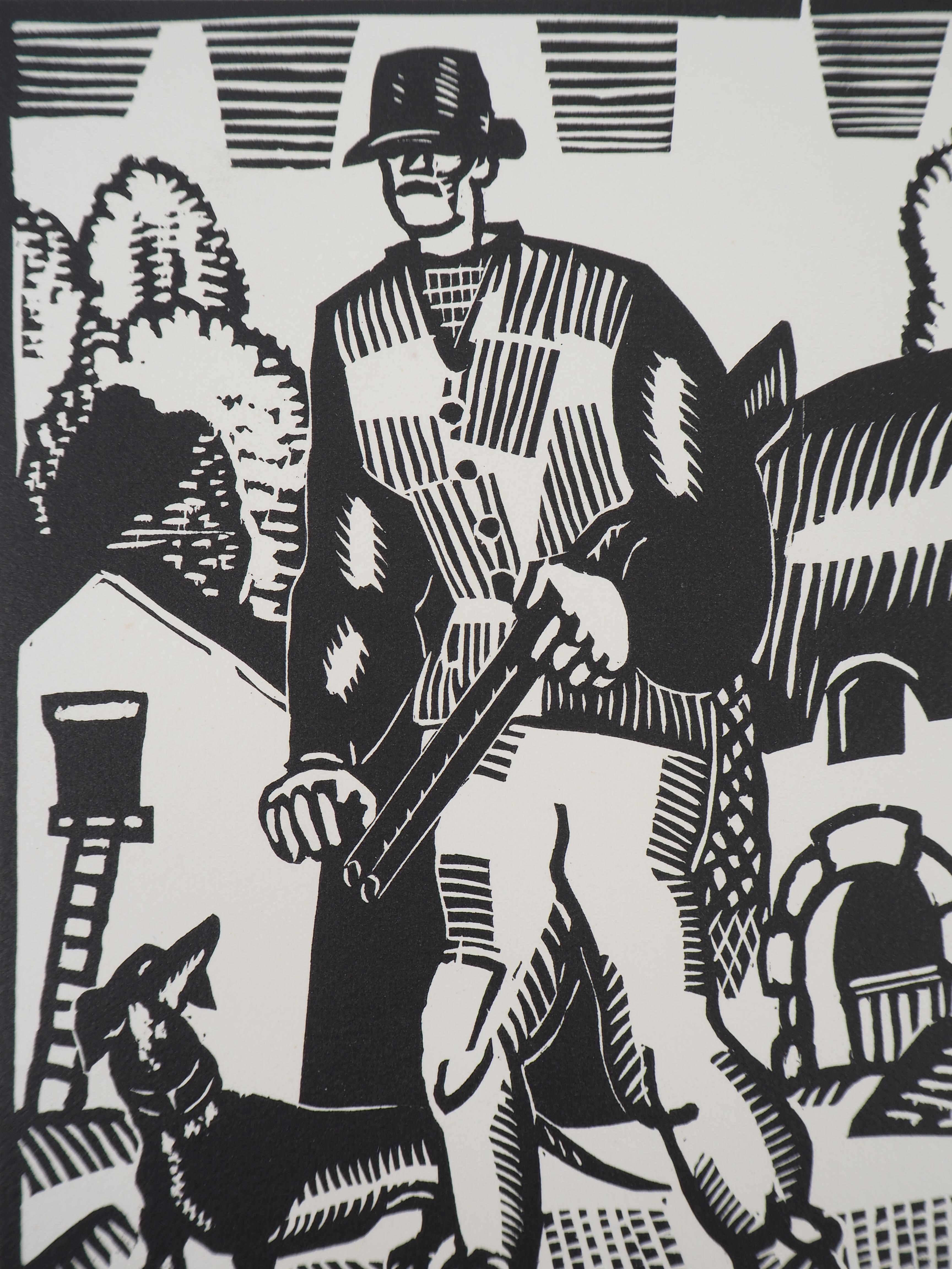 Rustical Hunter - Original woodcut, Handsigned and Numbered /160 - Ref #L747 - Modern Print by Jean-Emile Laboureur