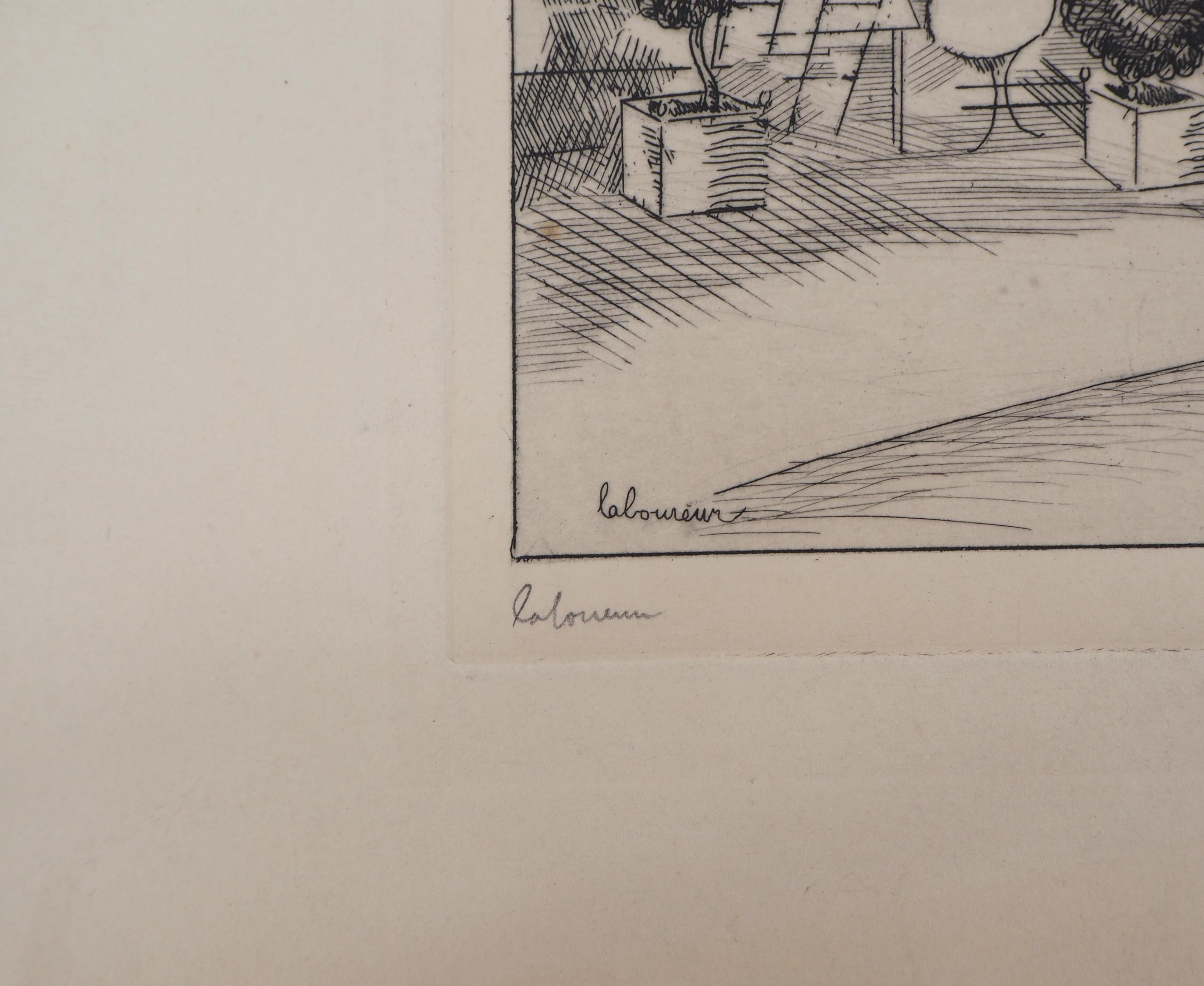 The Harbor Cafe – Original-Radierung, handsigniert (Analytischer Kubismus), Print, von Jean-Emile Laboureur