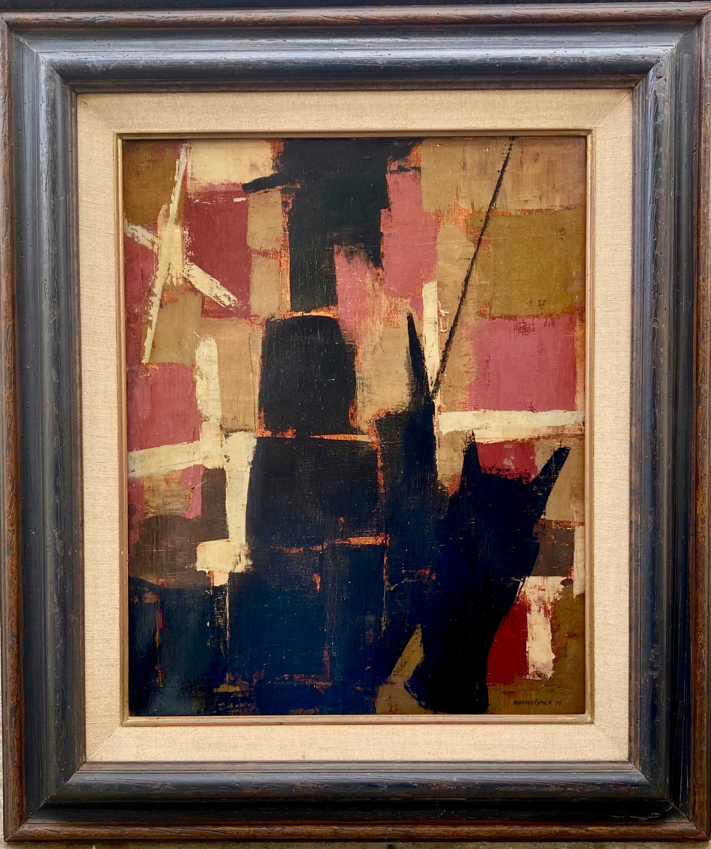 Jean Emile Oosterlynk Figurative Painting - Don Quichotte: abstracted modernist composition, luminous stained glass effect