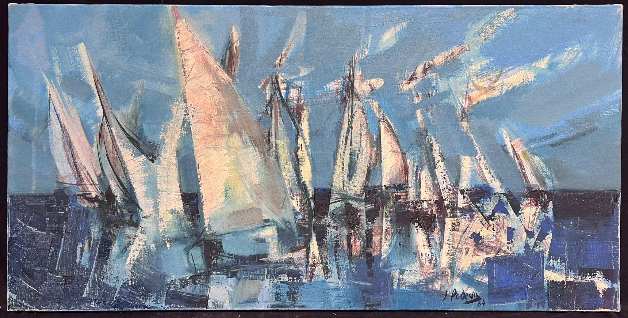 Enorme Óleo Modernista Francés de los 60 Firmado Veleros Regata Azul Panorama Marino - Painting de Jean Emile Podevan