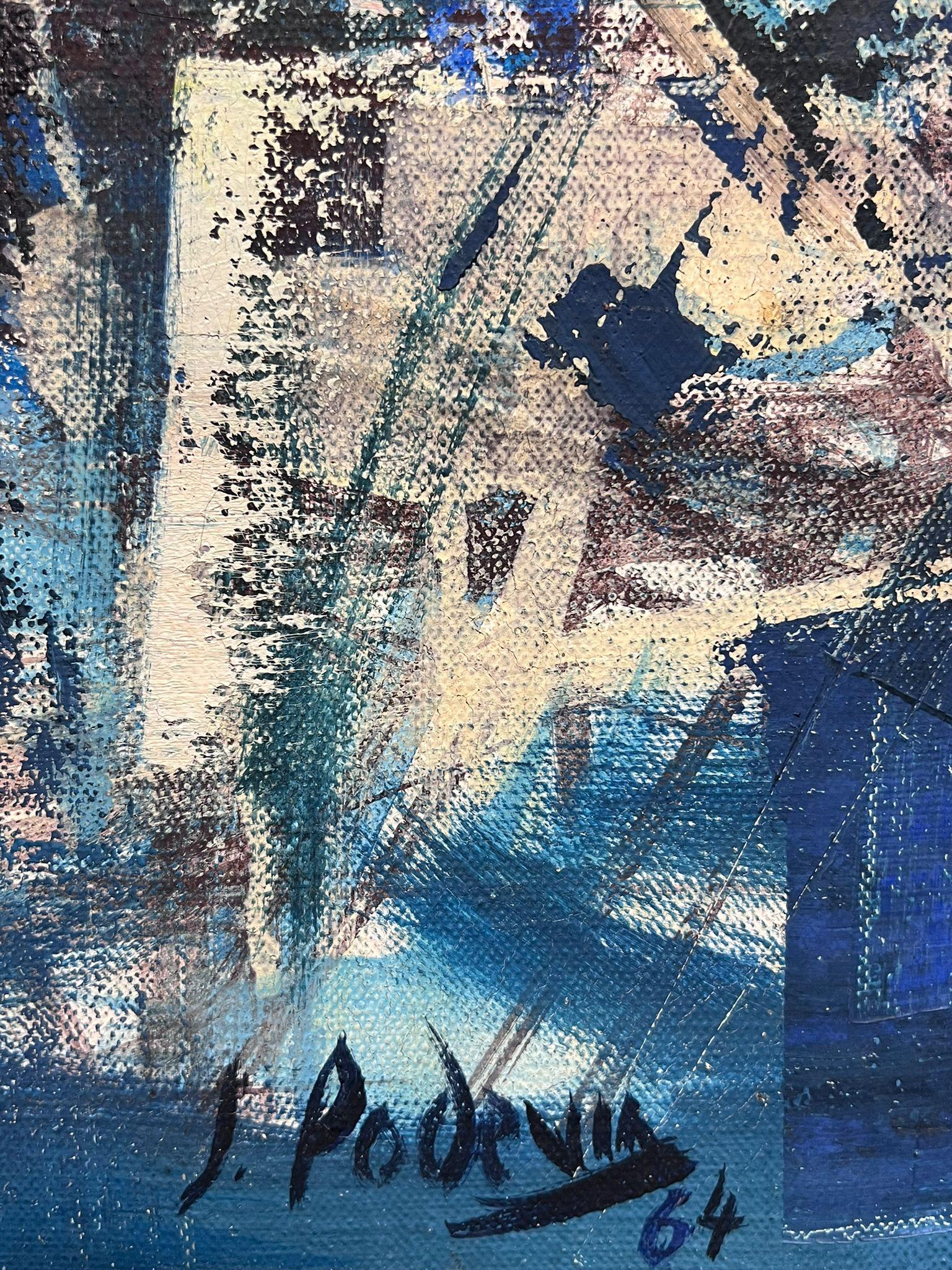 Enorme Óleo Modernista Francés de los 60 Firmado Veleros Regata Azul Panorama Marino en venta 1