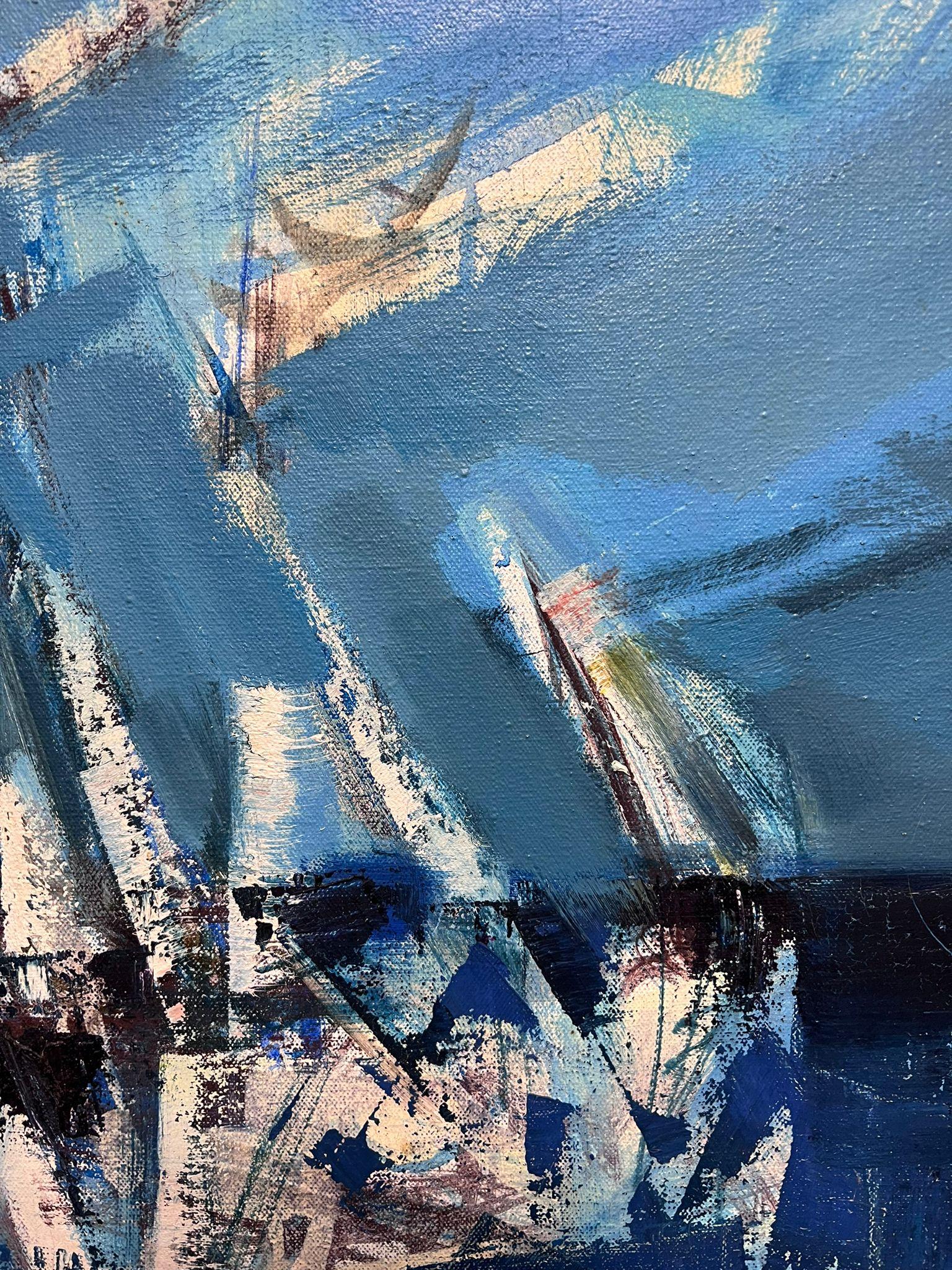 Enorme Óleo Modernista Francés de los 60 Firmado Veleros Regata Azul Panorama Marino en venta 2