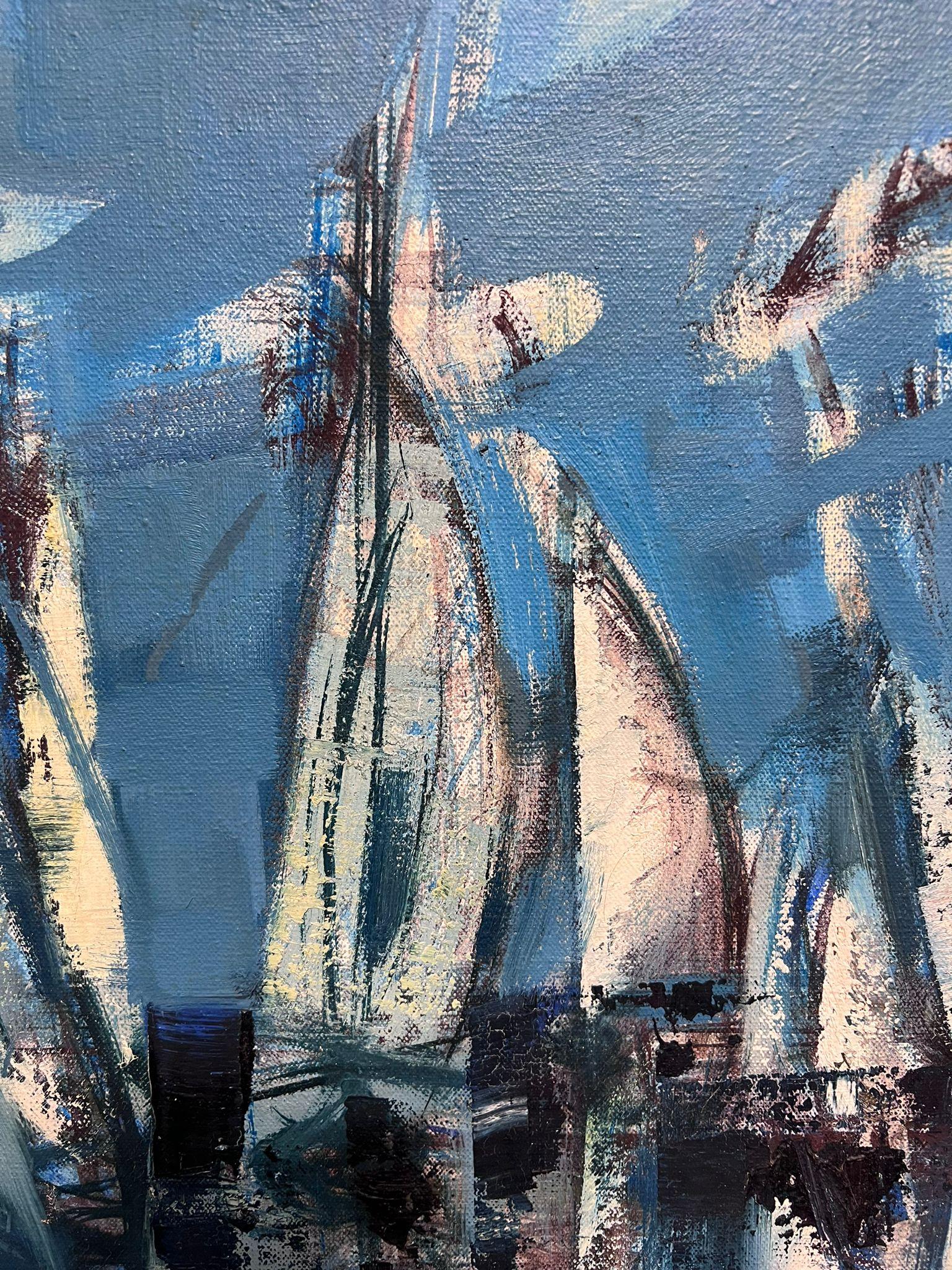 Enorme Óleo Modernista Francés de los 60 Firmado Veleros Regata Azul Panorama Marino en venta 3