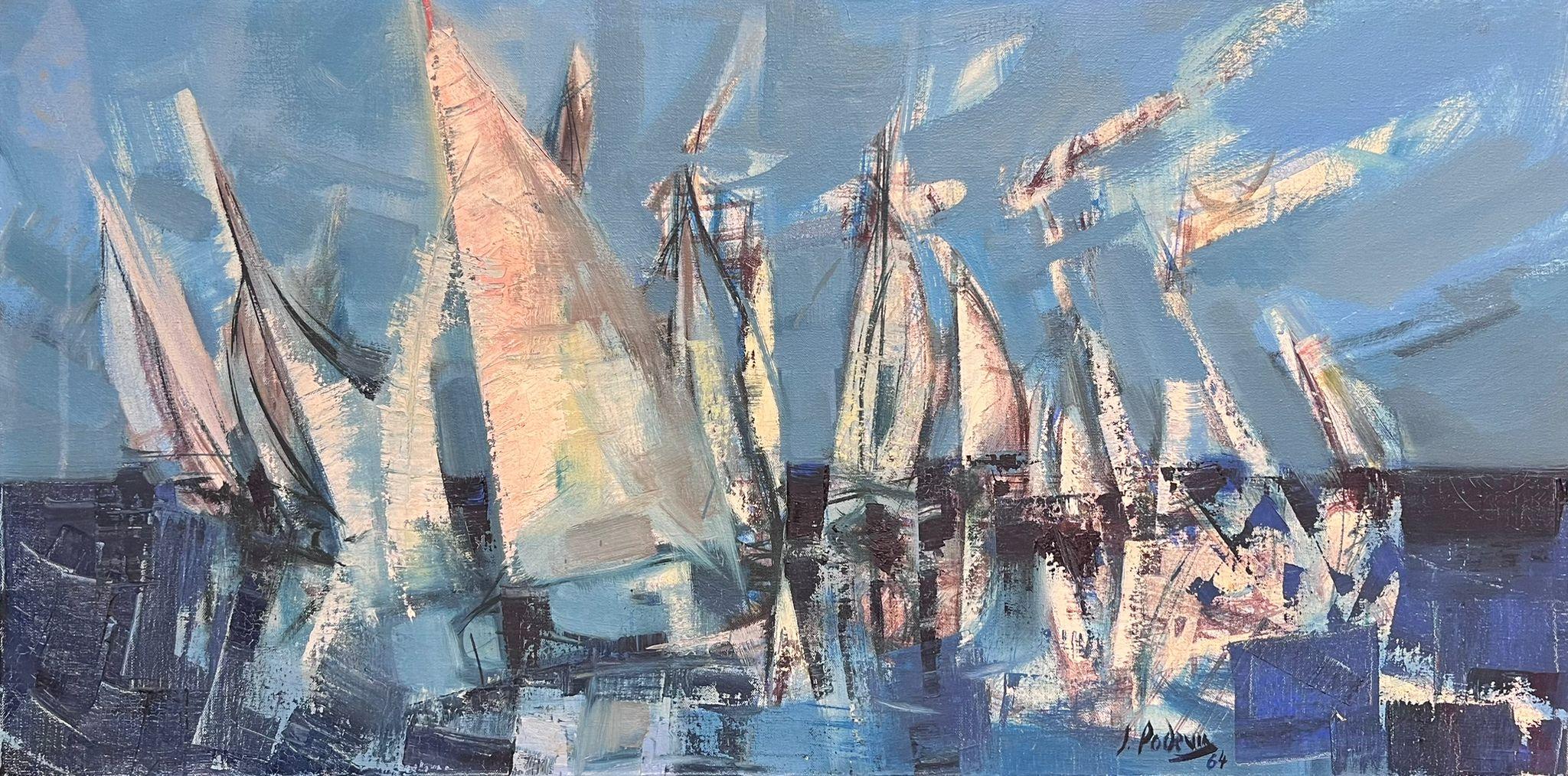 Abstract Painting de Jean Emile Podevan - Enorme Óleo Modernista Francés de los 60 Firmado Veleros Regata Azul Panorama Marino
