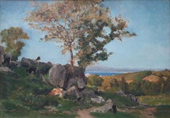 Painting RENIE Normandy cows sea trees Impressionnist 1870 1880 French 19th