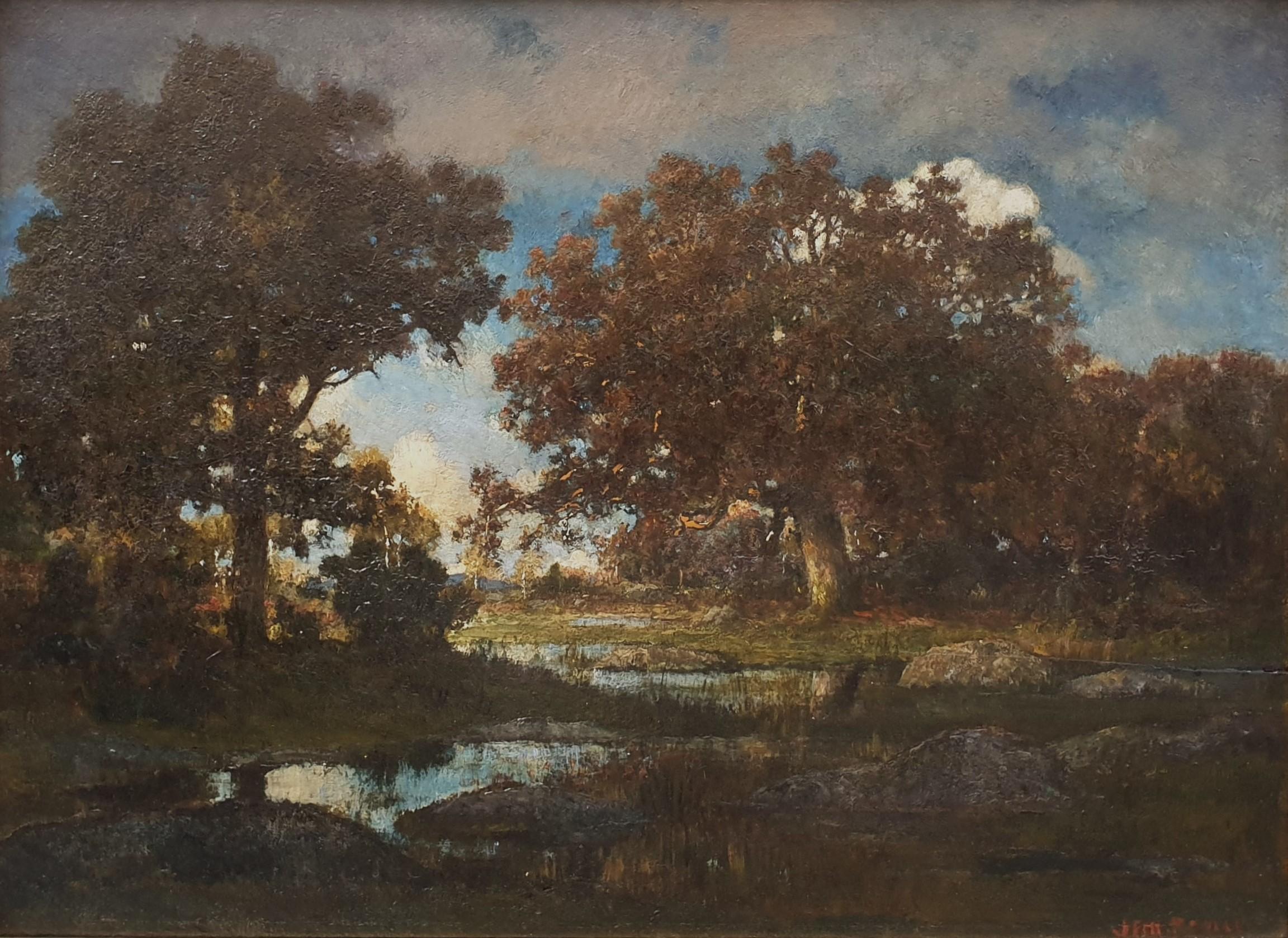 RENIE Barbizon Painting Fontainebleau landscape forest trees pond French 19th - Brown Landscape Painting by Jean Emile RENIE