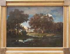 Peinture de RENIE Barbizon représentant un paysage de Fontainebleau, forêt, étang, français 19ème siècle