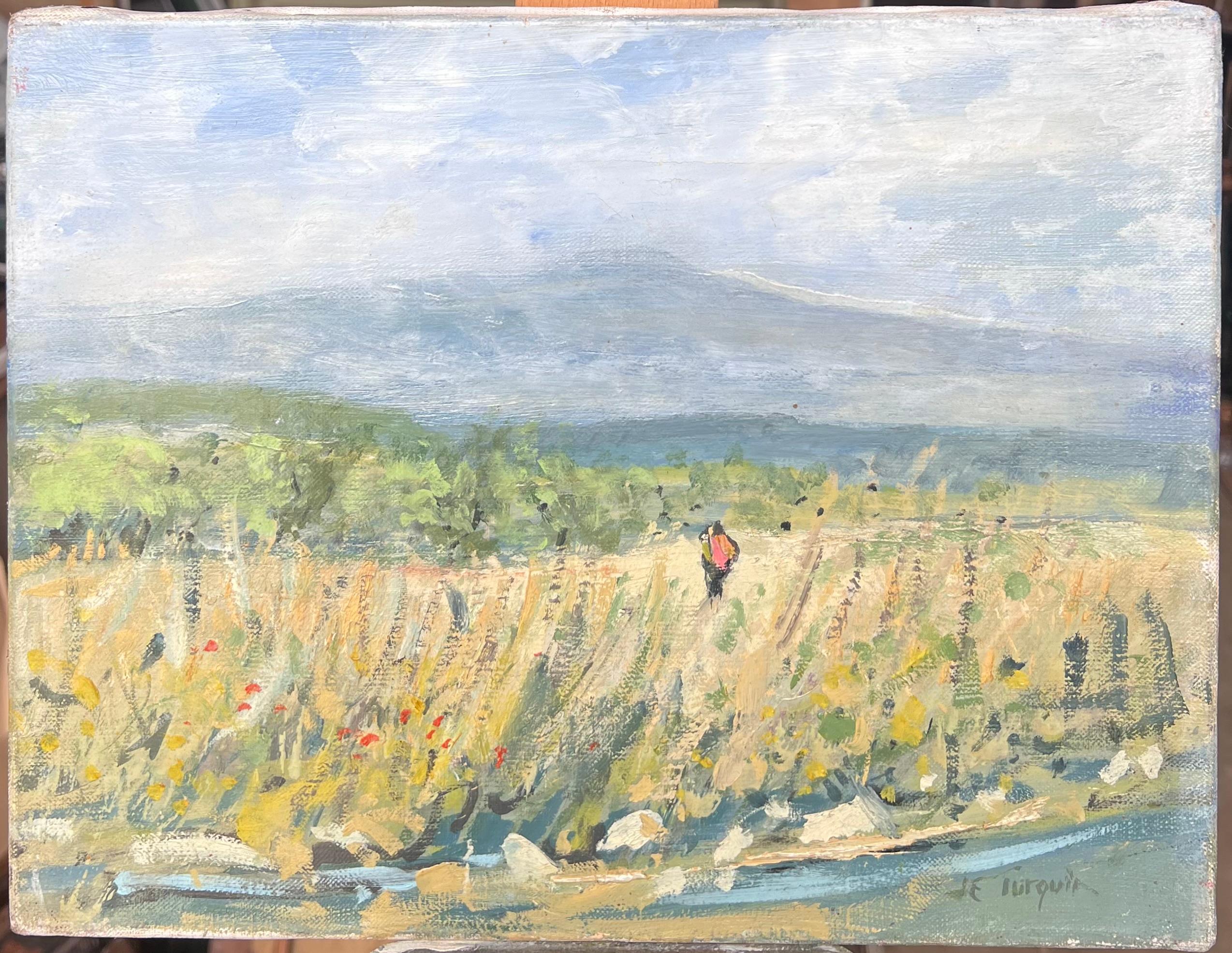 Peinture à l'huile française signée des années 50 Figure marchant dans les prés de fleurs sauvages - Painting de Jean Eric Turquin