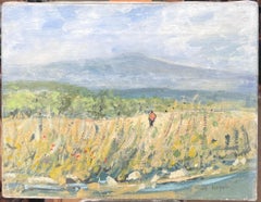 1950's French Signed Oil Painting Figure Walking Wild Flower Meadows