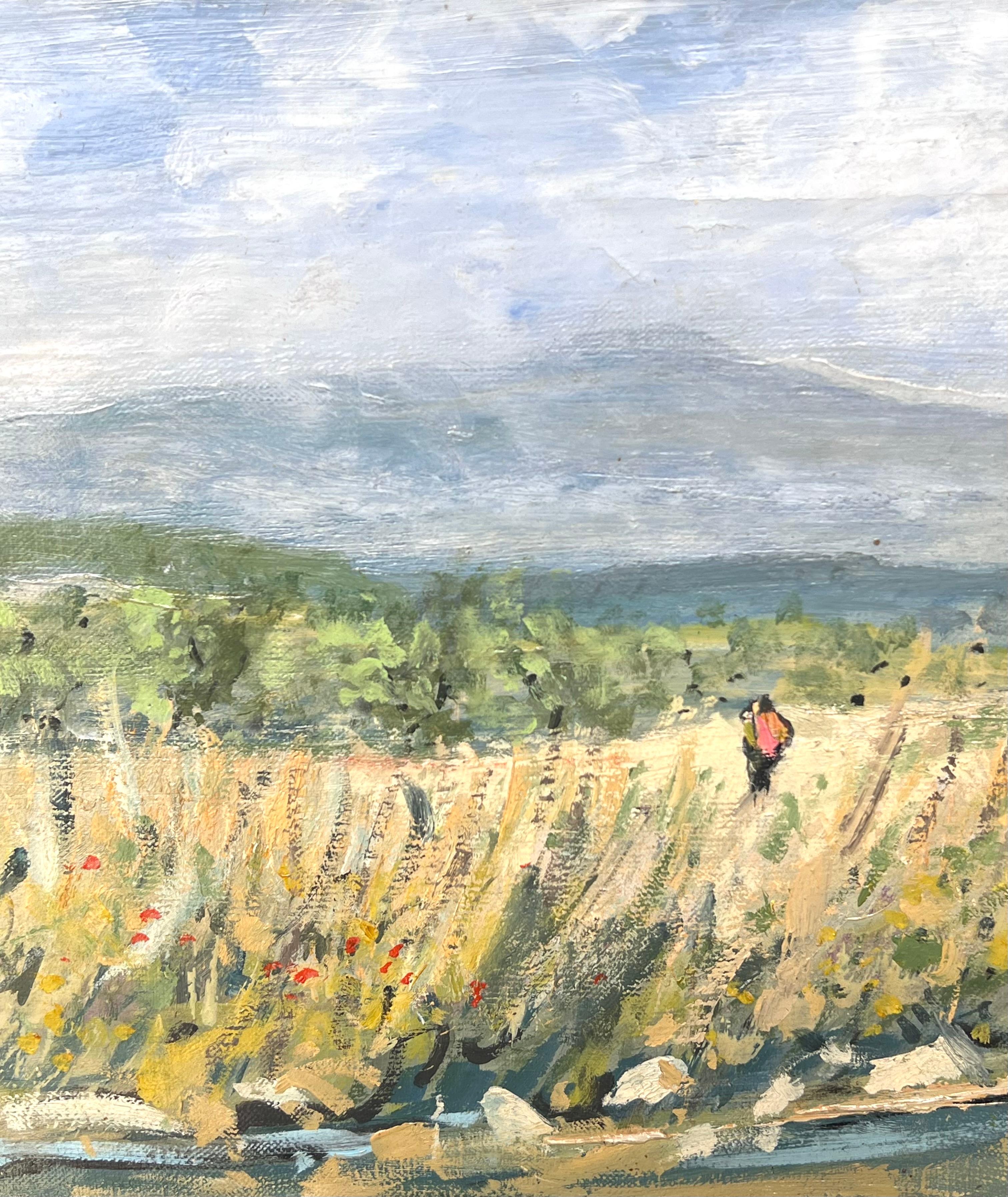 Peinture à l'huile française signée des années 50 Figure marchant dans les prés de fleurs sauvages - Post-impressionnisme Painting par Jean Eric Turquin