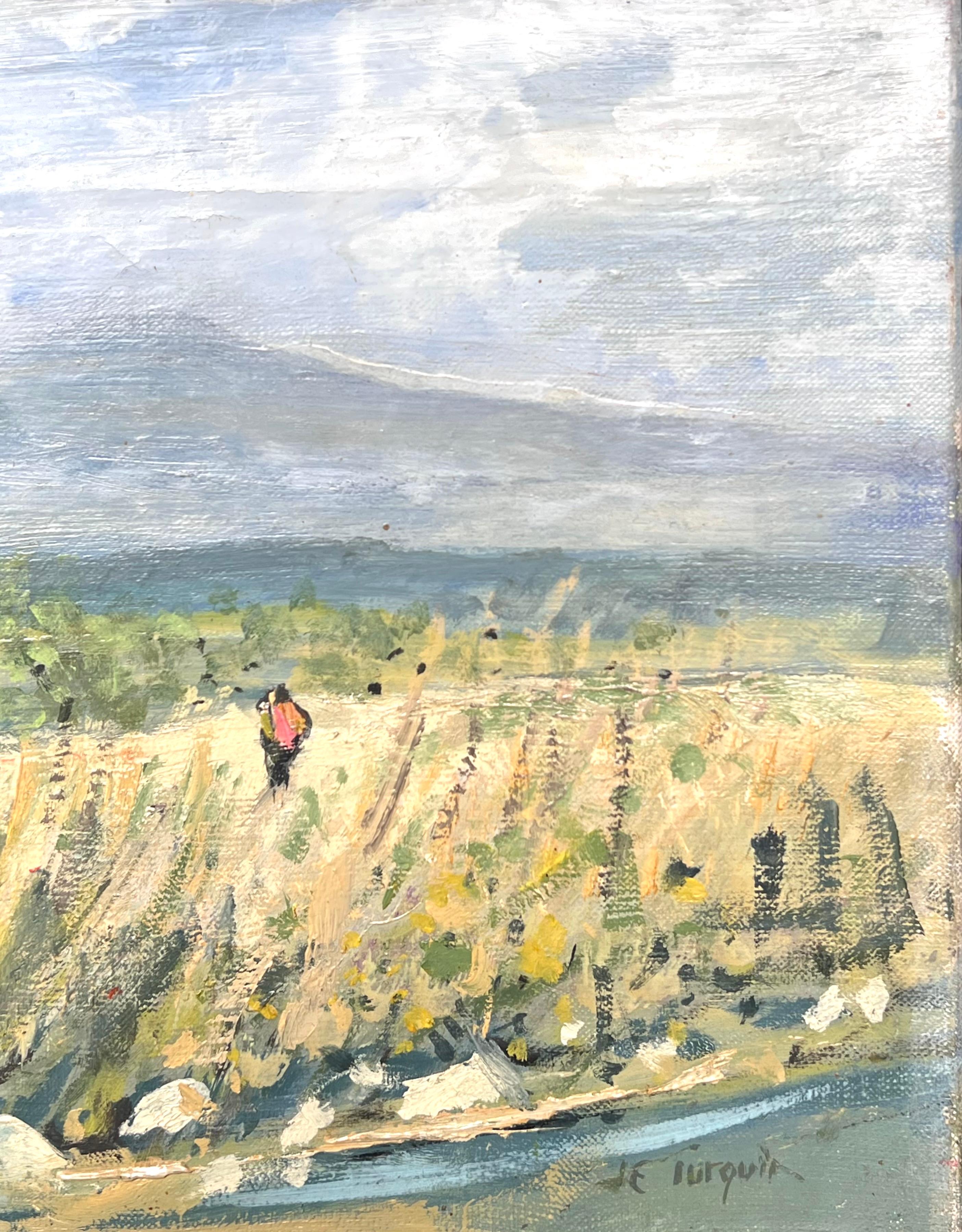 Peinture à l'huile française signée des années 50 Figure marchant dans les prés de fleurs sauvages - Beige Landscape Painting par Jean Eric Turquin