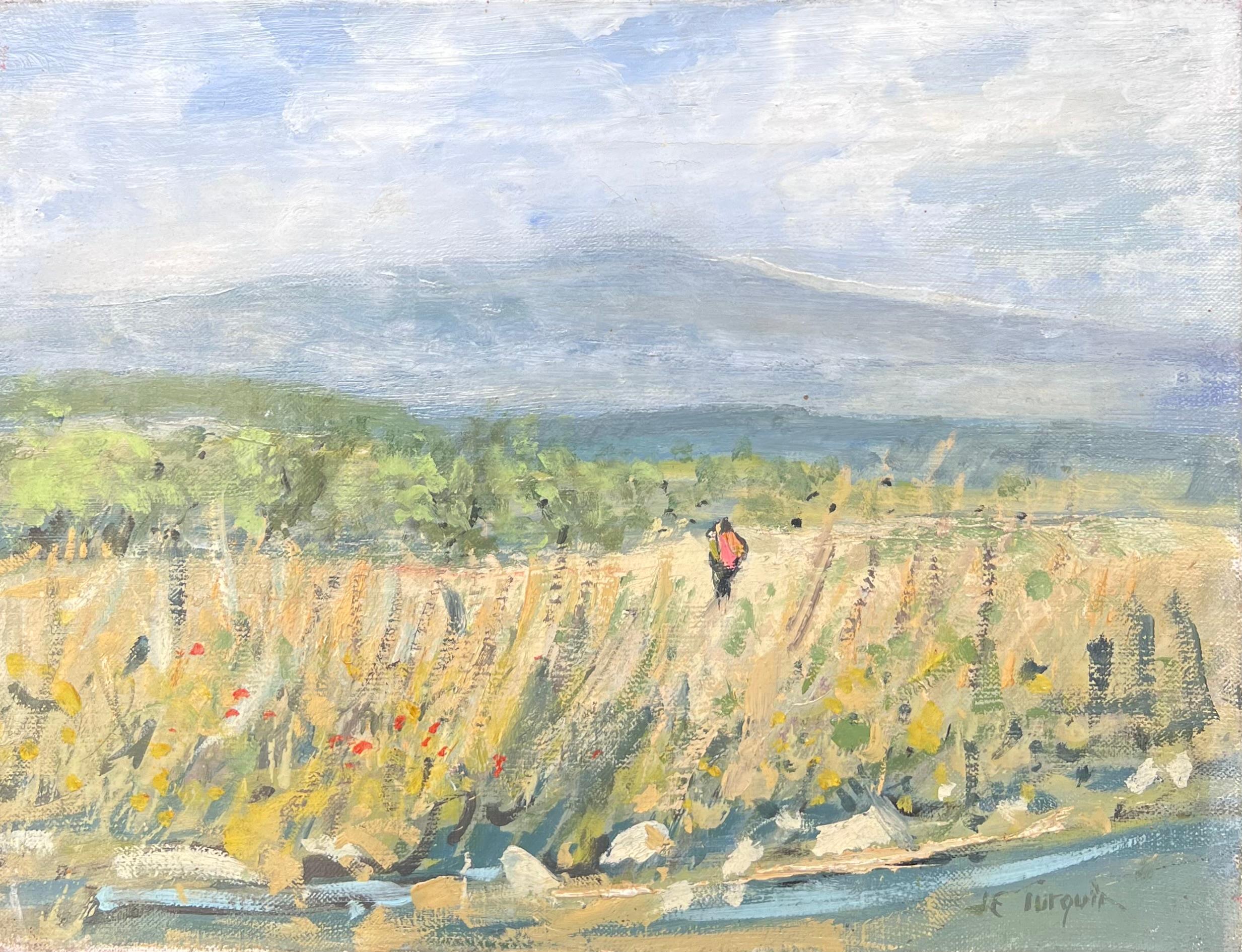 Peinture à l
huile française signée des années 50 Figure marchant dans les prés de fleurs sauvages